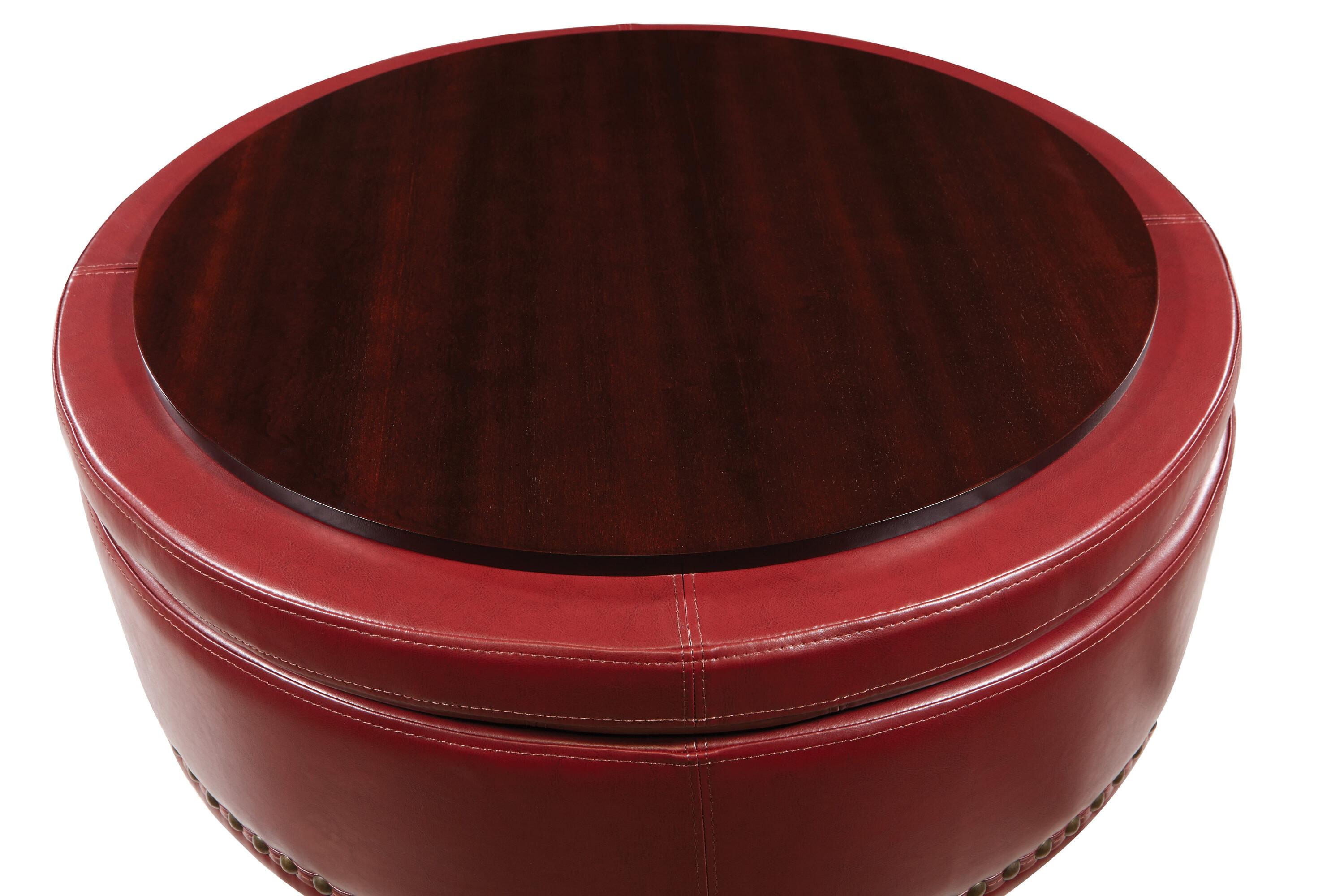 OSP Home Furnishings Augusta Round Storage Ottoman in Crimson Red Bonded Leather with Decorative Nailheads
