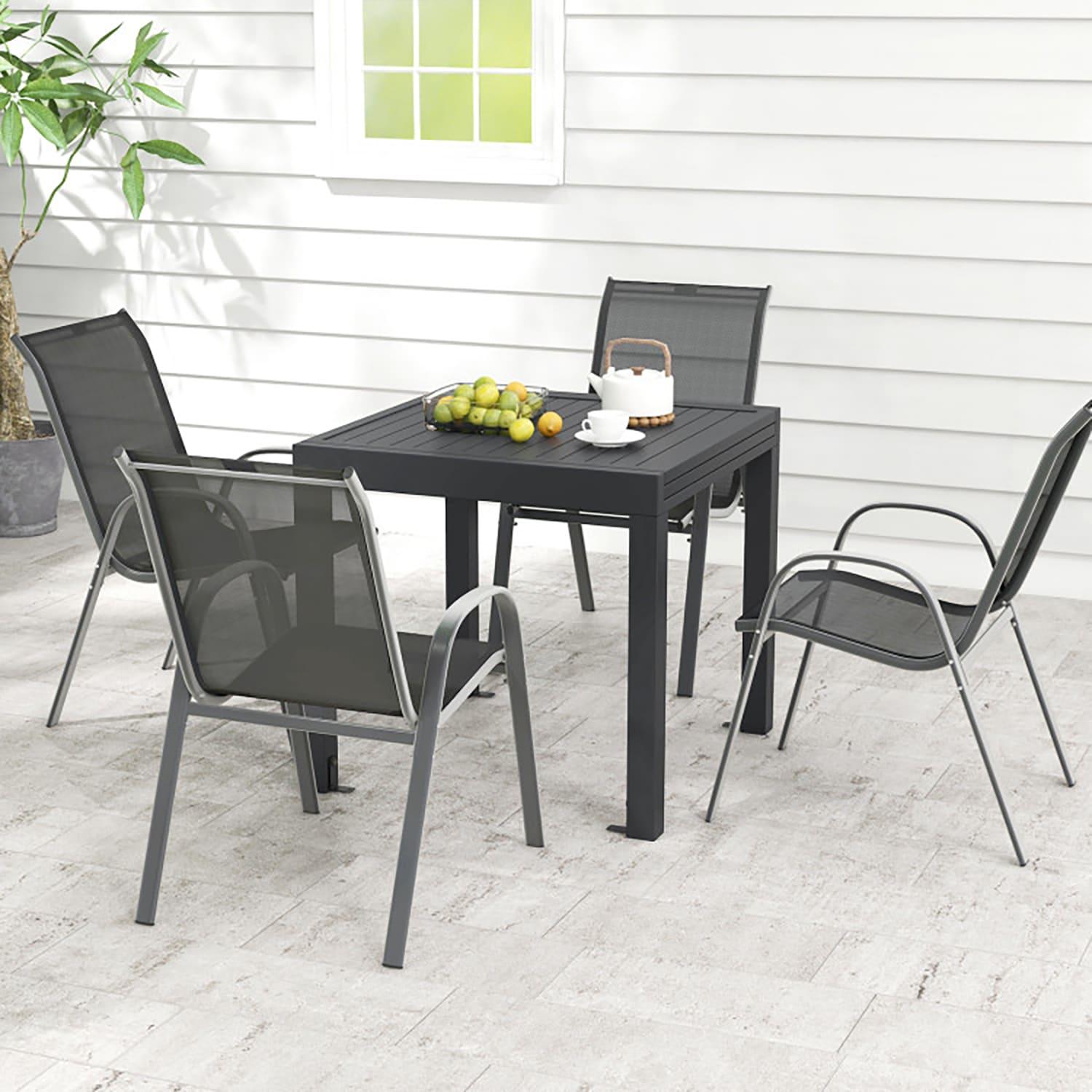 Yardi Yard Outdoor Dining Table Set with Sturdy Metal Frame, Table with Adjustable Footpads and 4 Chairs with Curved Armrests, Dining Table Set for Outdoor as Garden, Patio, Gray