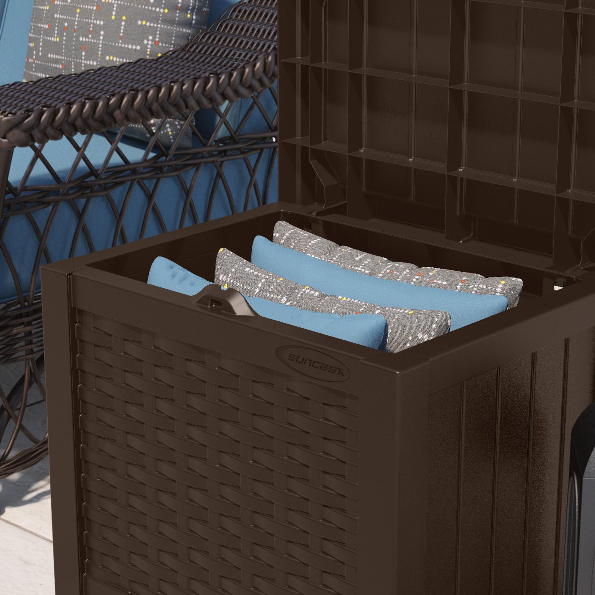 Suncast Suncast Wicker 22 Gallon Water Resistant Resin Deck Box with Storage Seat in Java