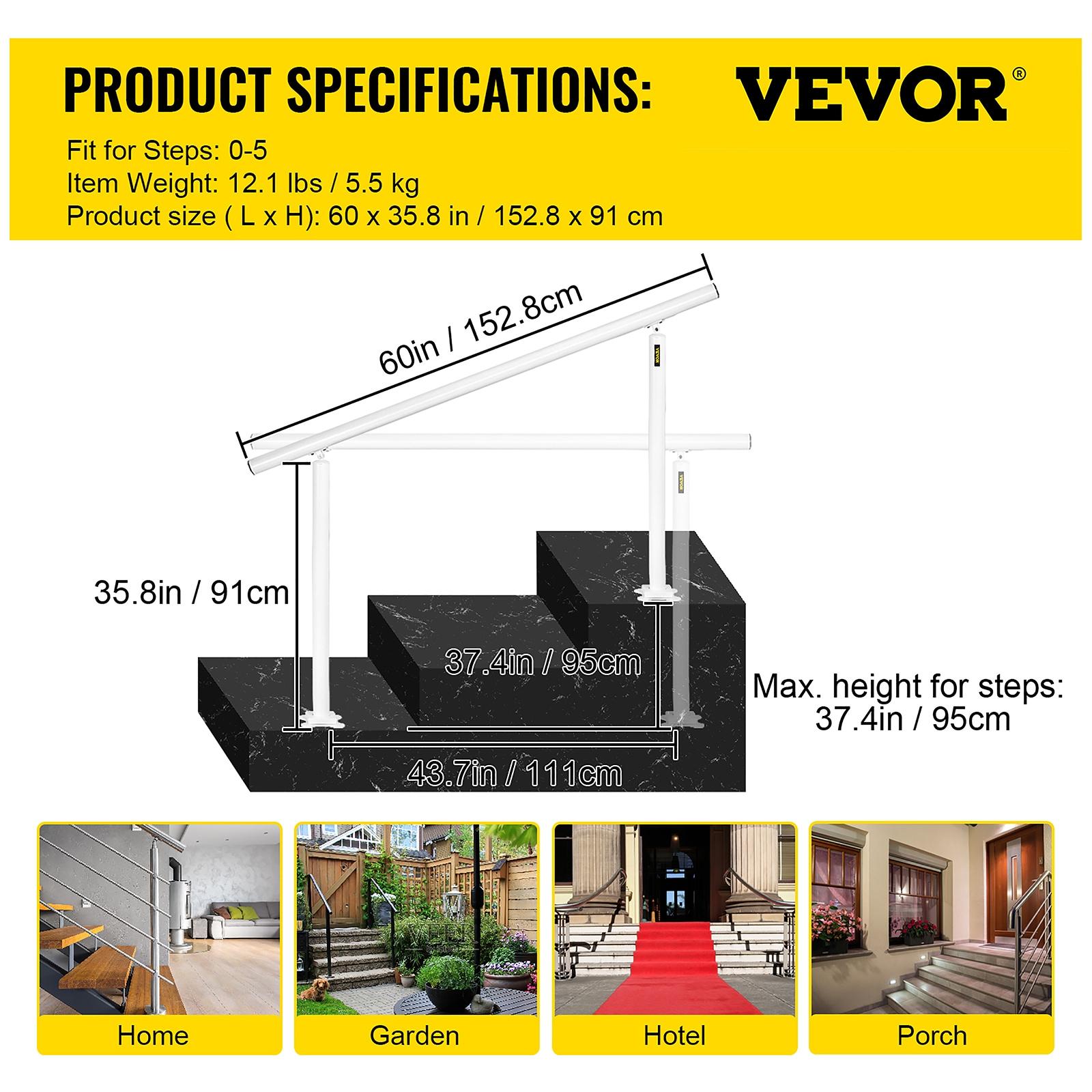 VEVOR Outdoor Stair Railing Kit, 5 FT Handrails for 0-5 Steps Aluminum Stair Hand Rail