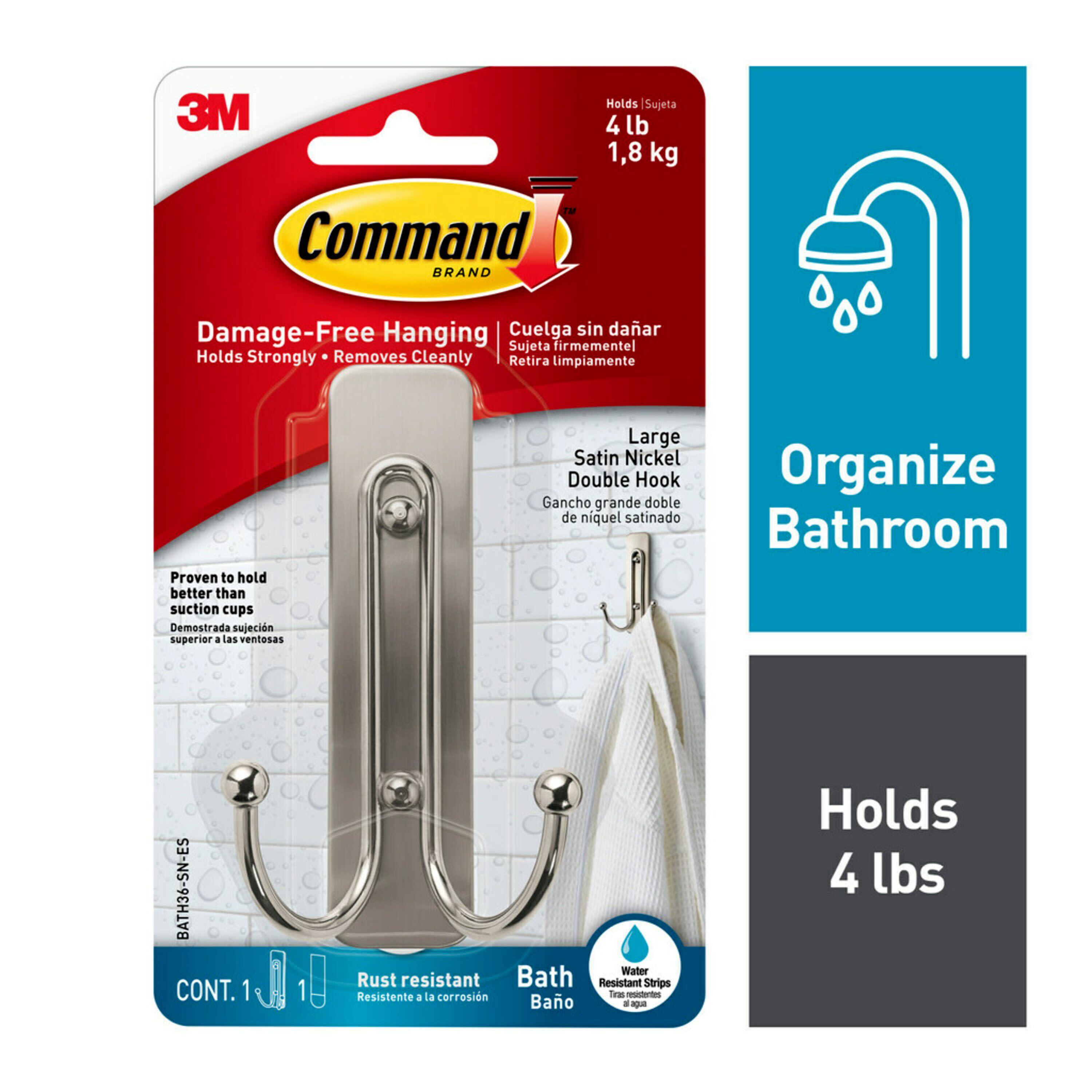 Command Bath Double Wall Hook Metal Satin