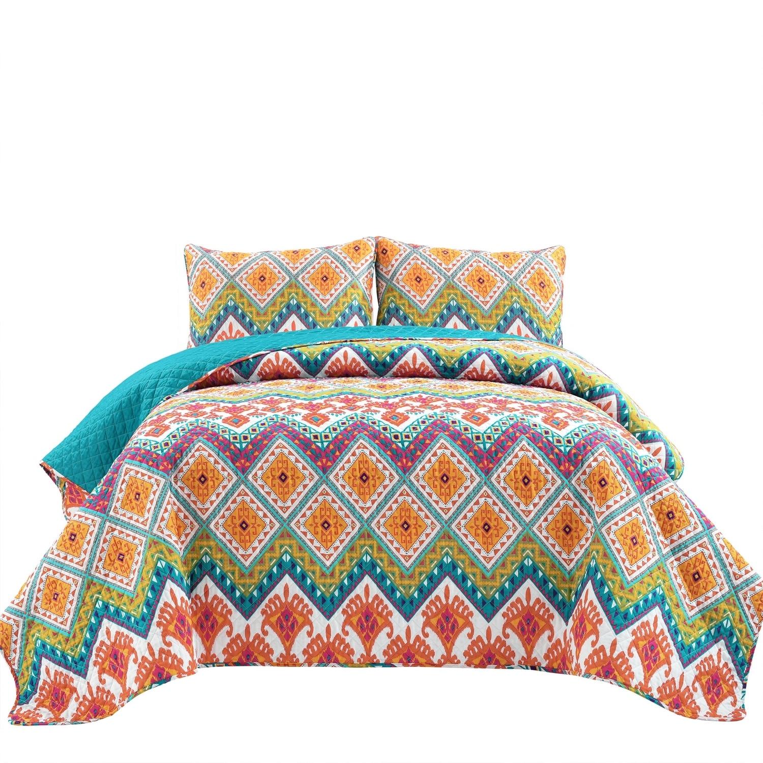 Boho Turquoise/Orange/Purple Standard Cotton Reversible 3 Piece Quilt Set