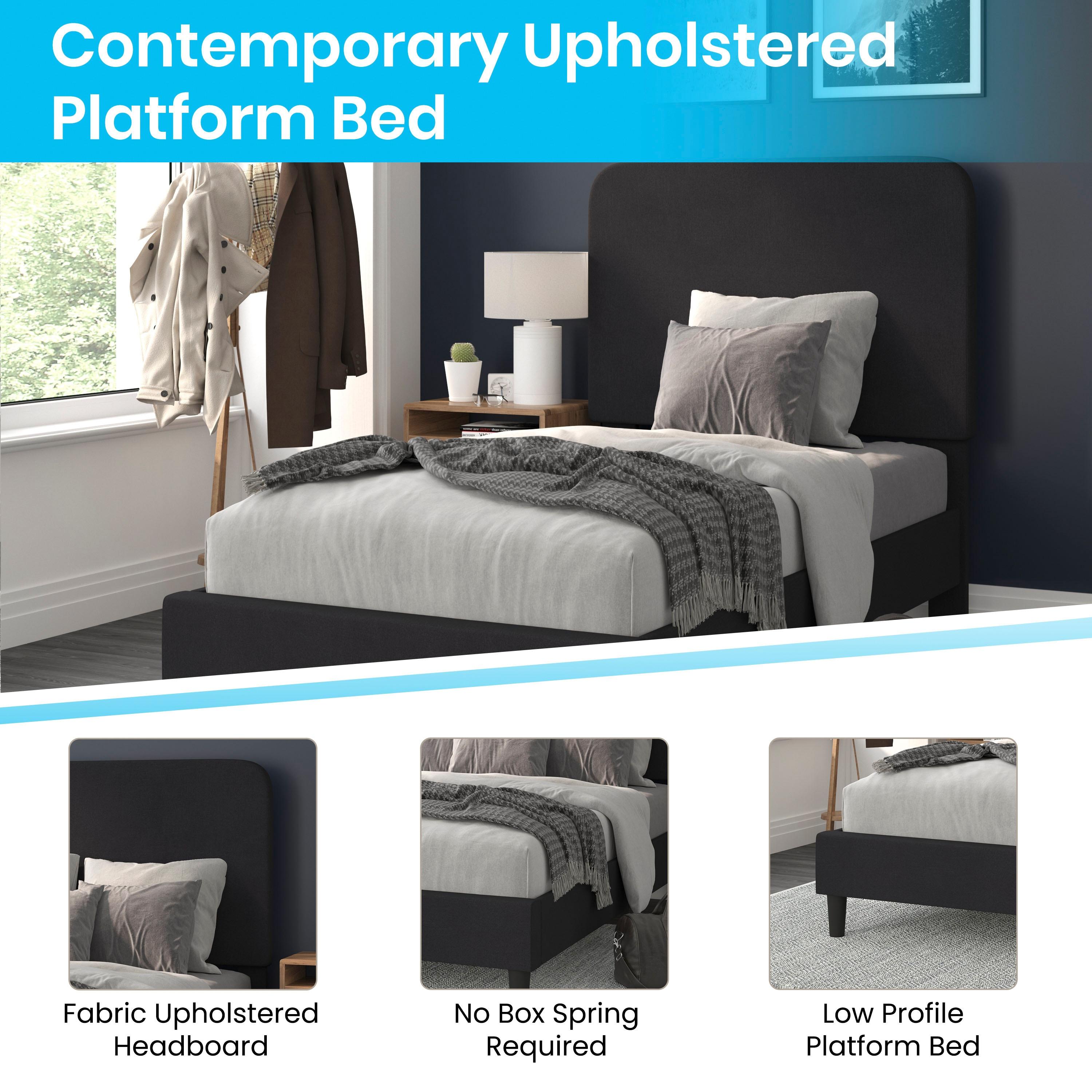Flash Furniture Addison Charcoal Twin Fabric Upholstered Platform Bed - Headboard with Rounded Edges - No Box Spring or Foundation Needed
