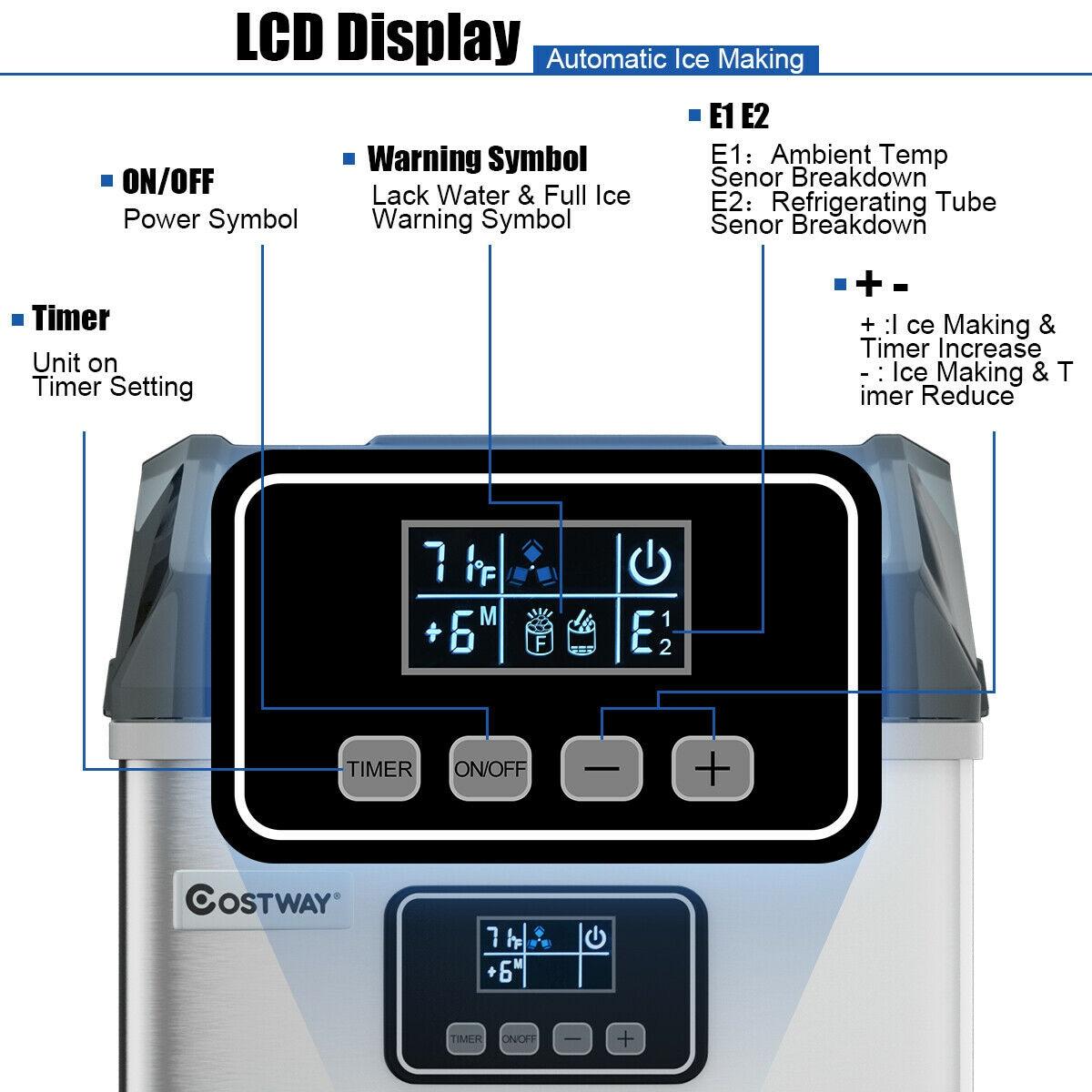 Calorful 48 Lbs Stainless Self-Clean Ice Maker With LCD Display