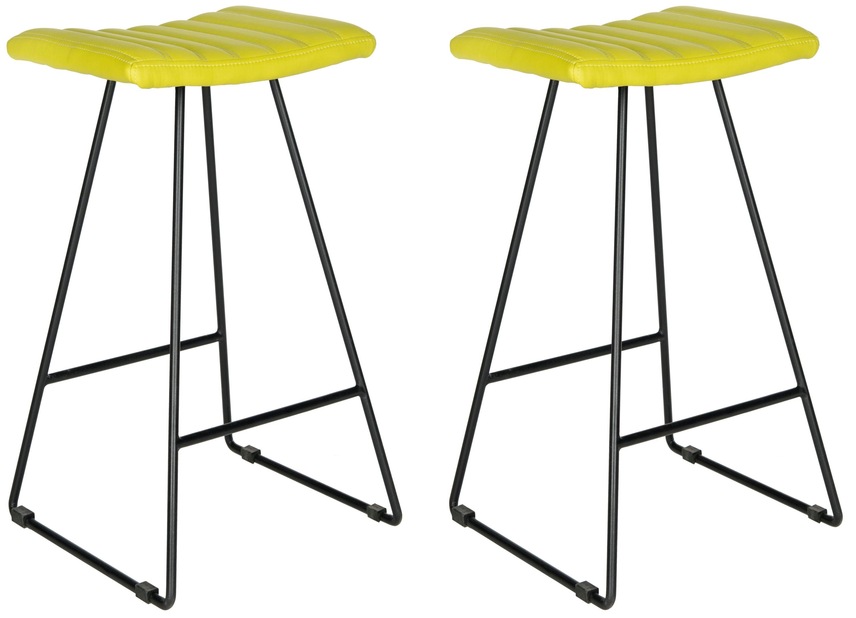 Citron Green Leather and Iron Backless Bar Stools, Set of 2