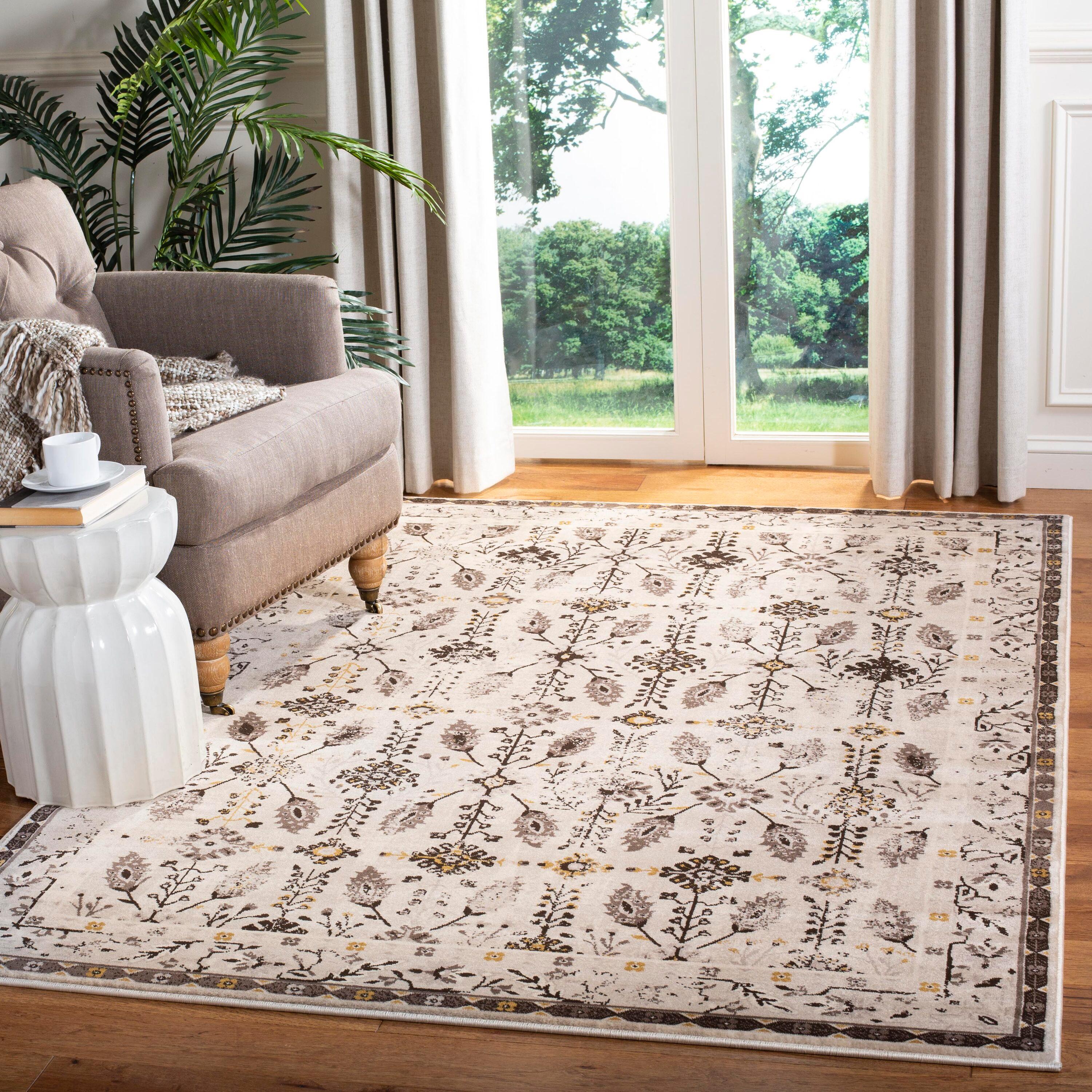 Cream and Brown Floral Motif Rectangular Area Rug 4' x 6'