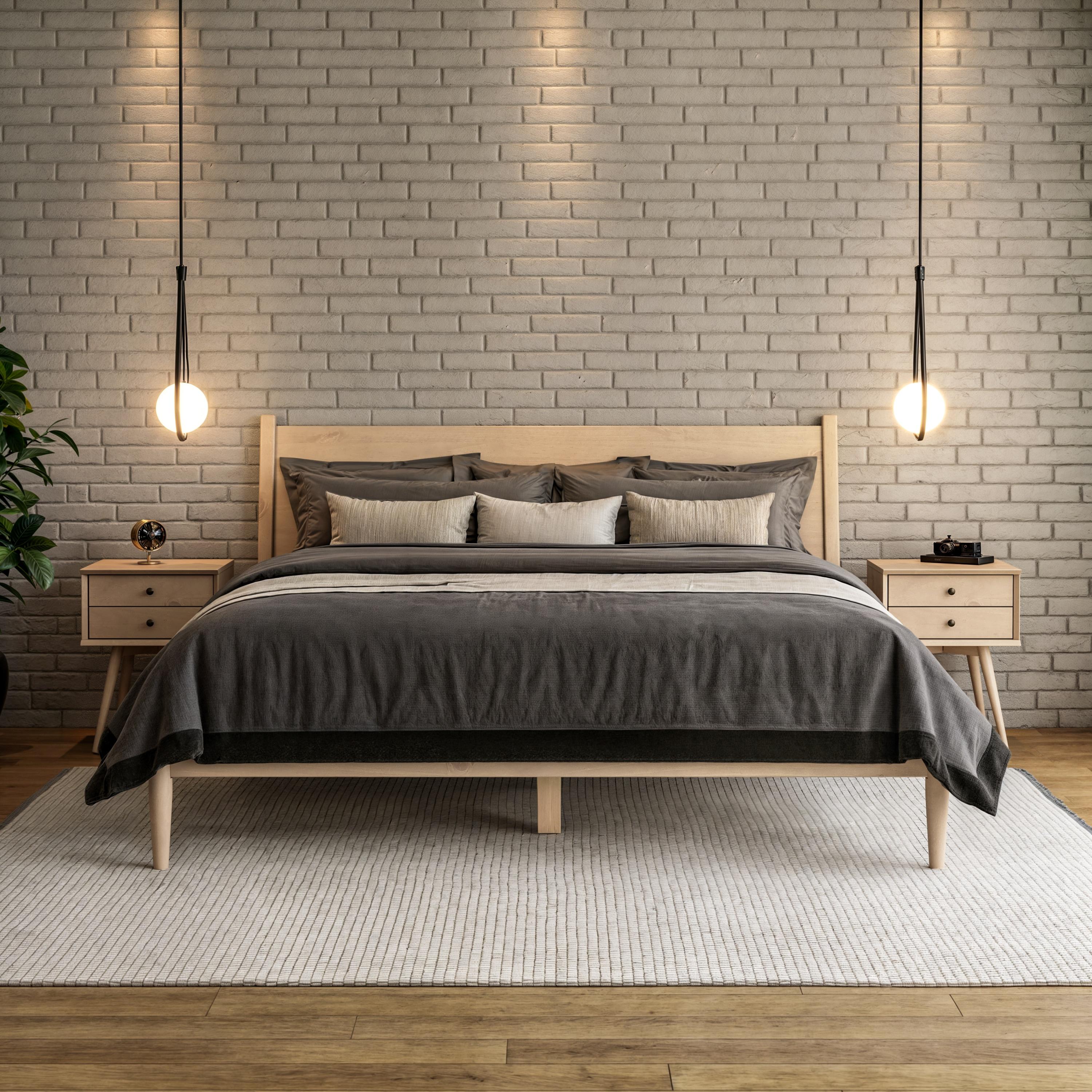 Mid-Century Light Oak King Pine Wood Upholstered Platform Bed
