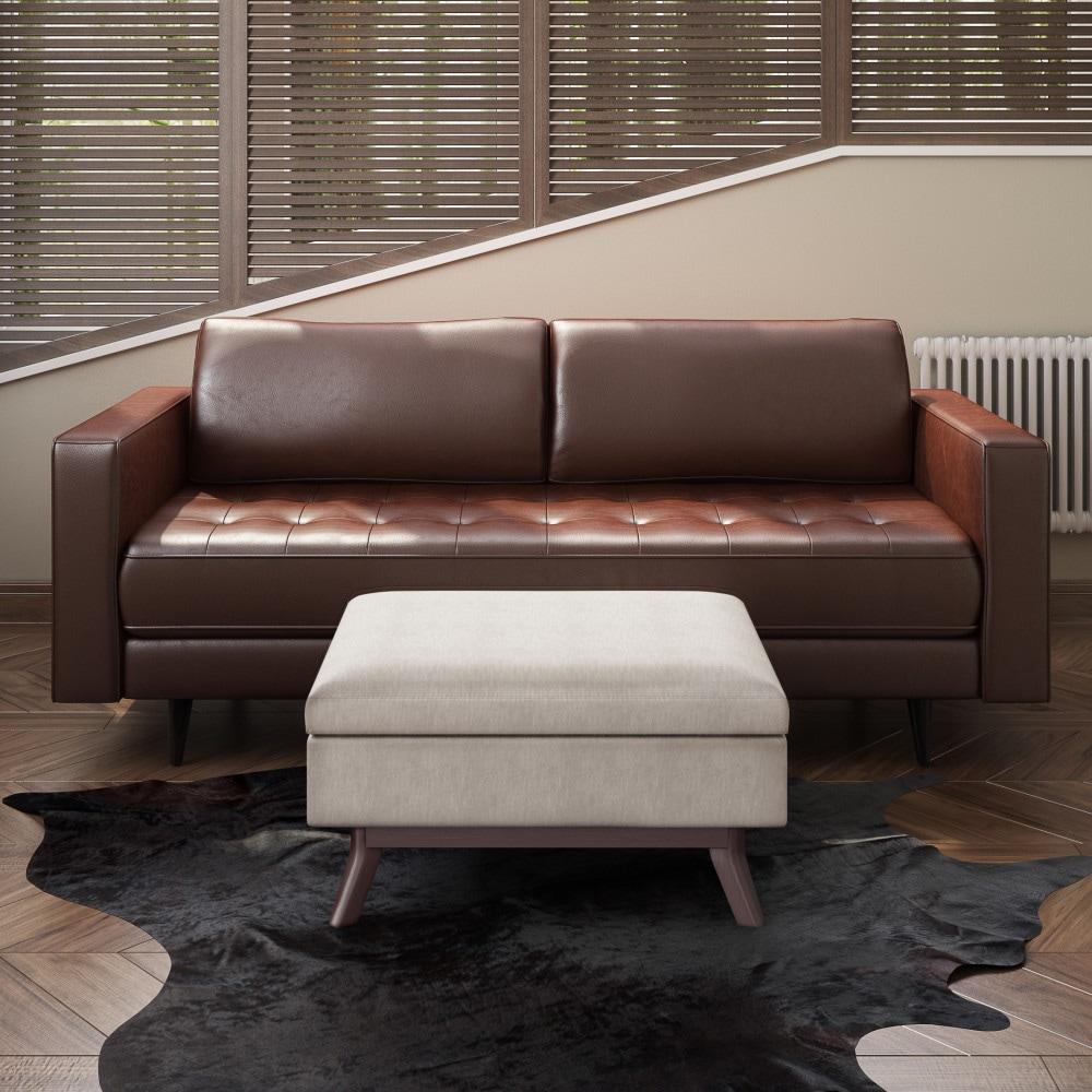 Simpli Home Owen 34"W Upholstered Coffee Table Storage Ottoman with Lift Top and Solid Wood Legs