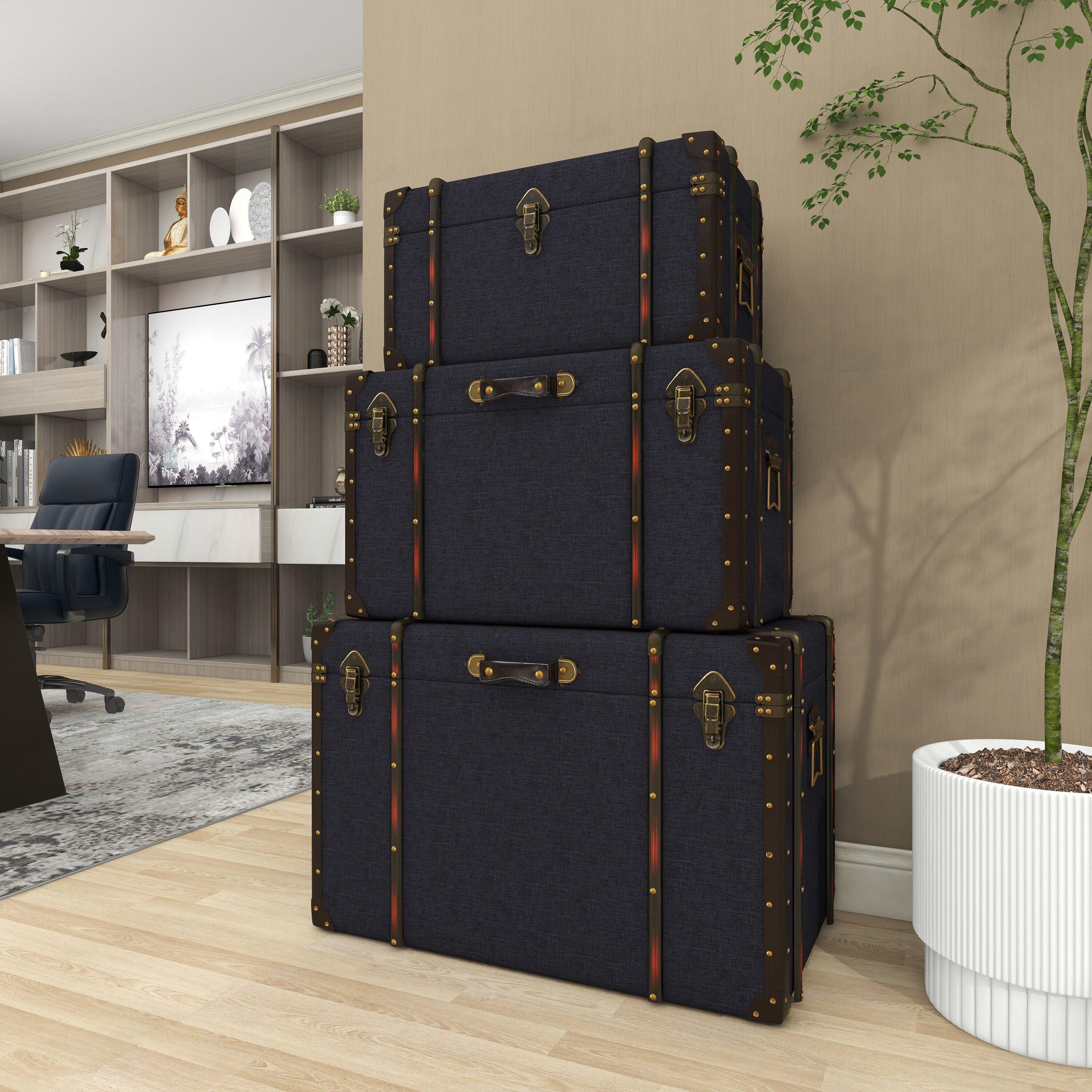 DecMode 24" x 13" Blue Linen Fabric Nesting Upholstered Trunk with Buckle Hinged Top, 3-Pieces