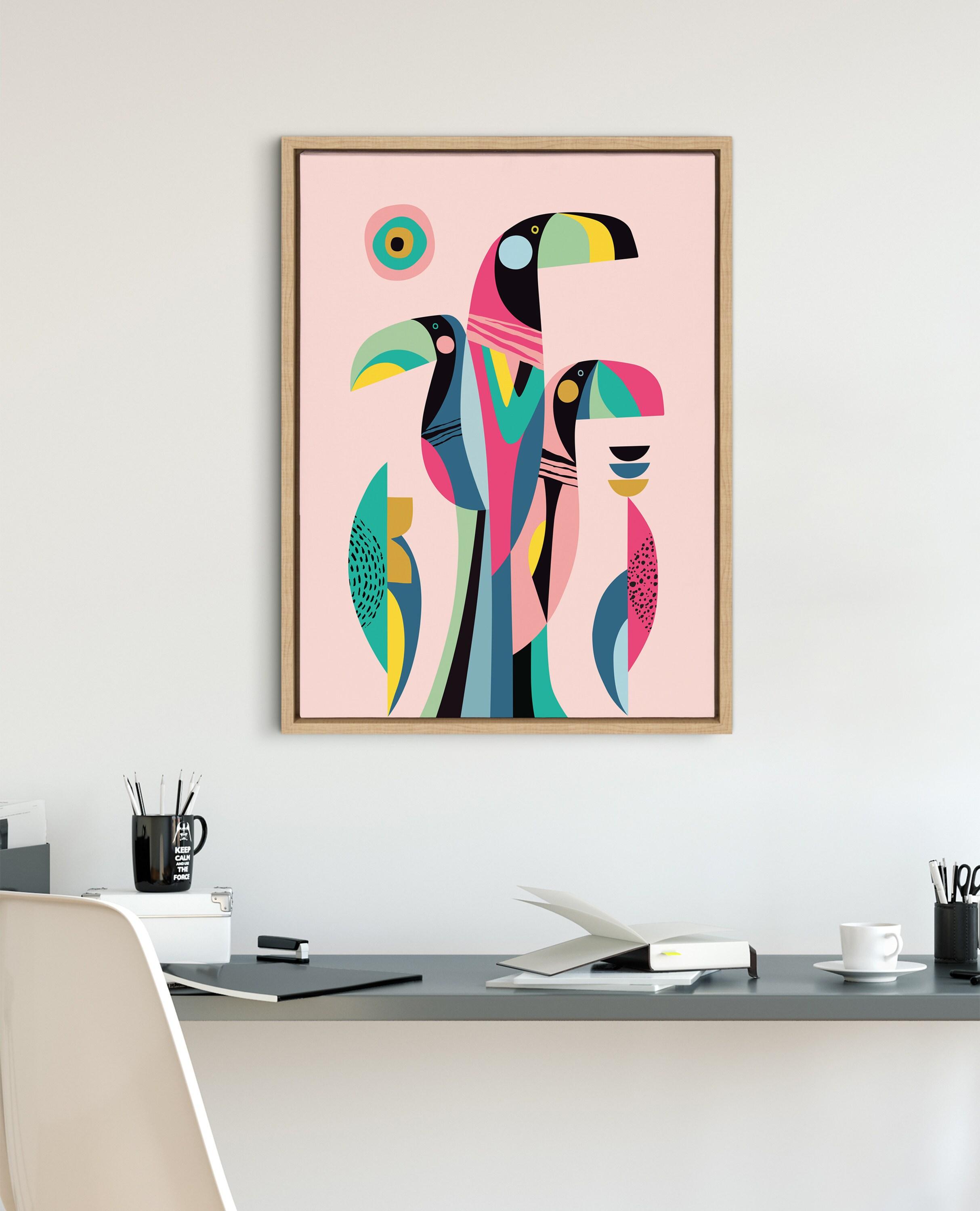 Mid Century Modern Tropical Toucan Canvas Wall Art in Natural Frame