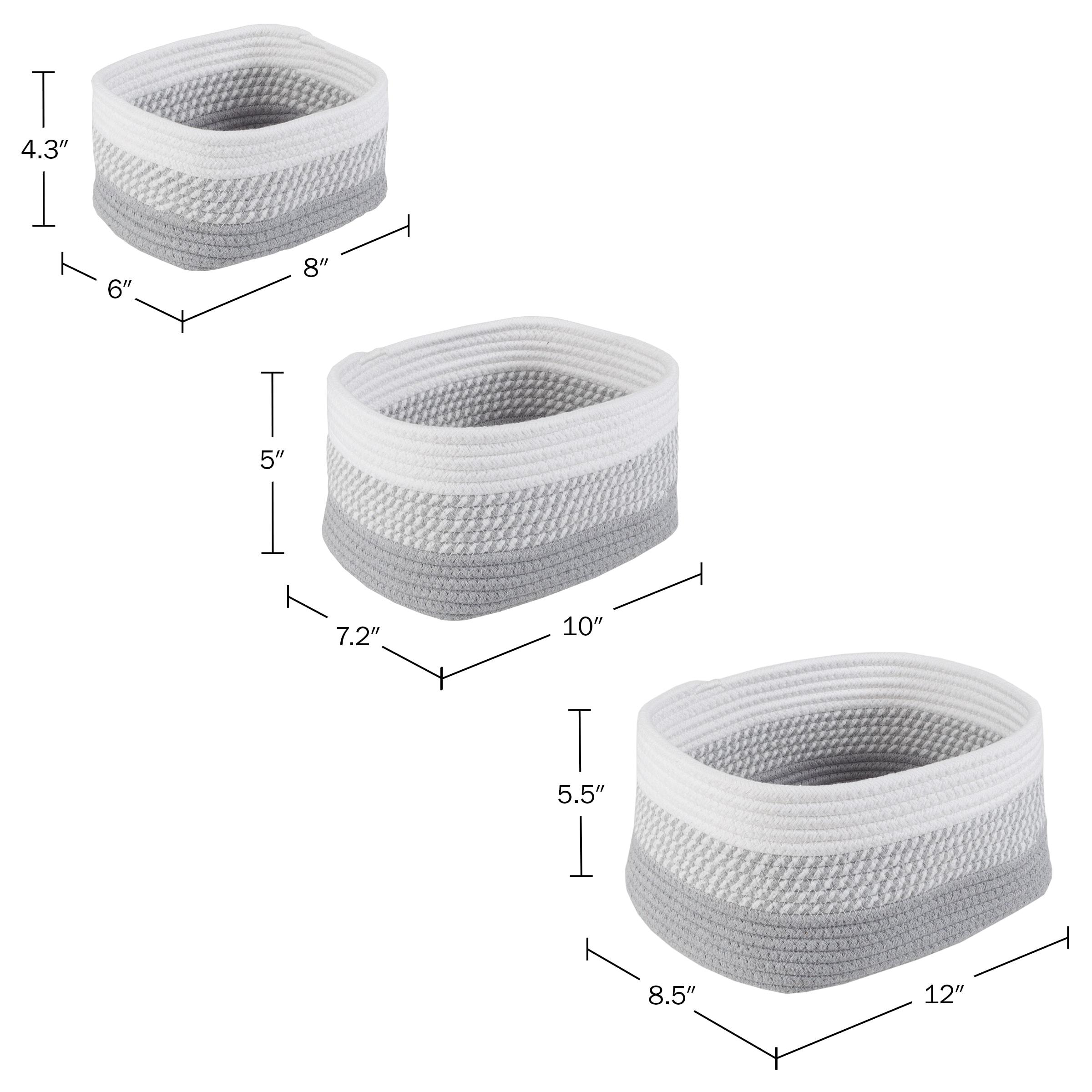 Home-Complete 3pc Storage Basket Set Gray: Cotton Cloth Bins for Shelves, Square Decorative Organizers, Hand Washable