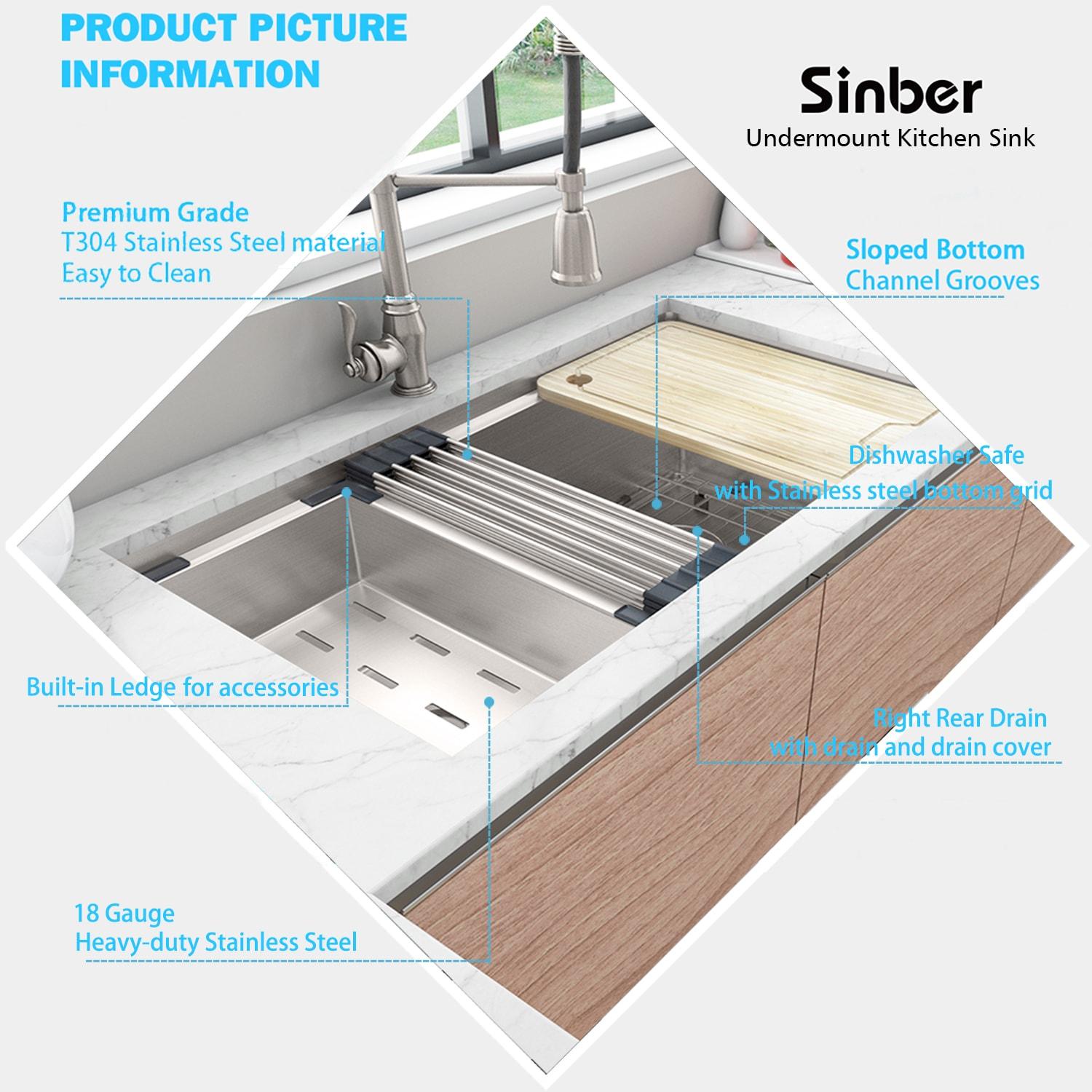 Sinber 33" Undermount Double Bowl Workstation Kitchen Sink with 304 Stainless Steel