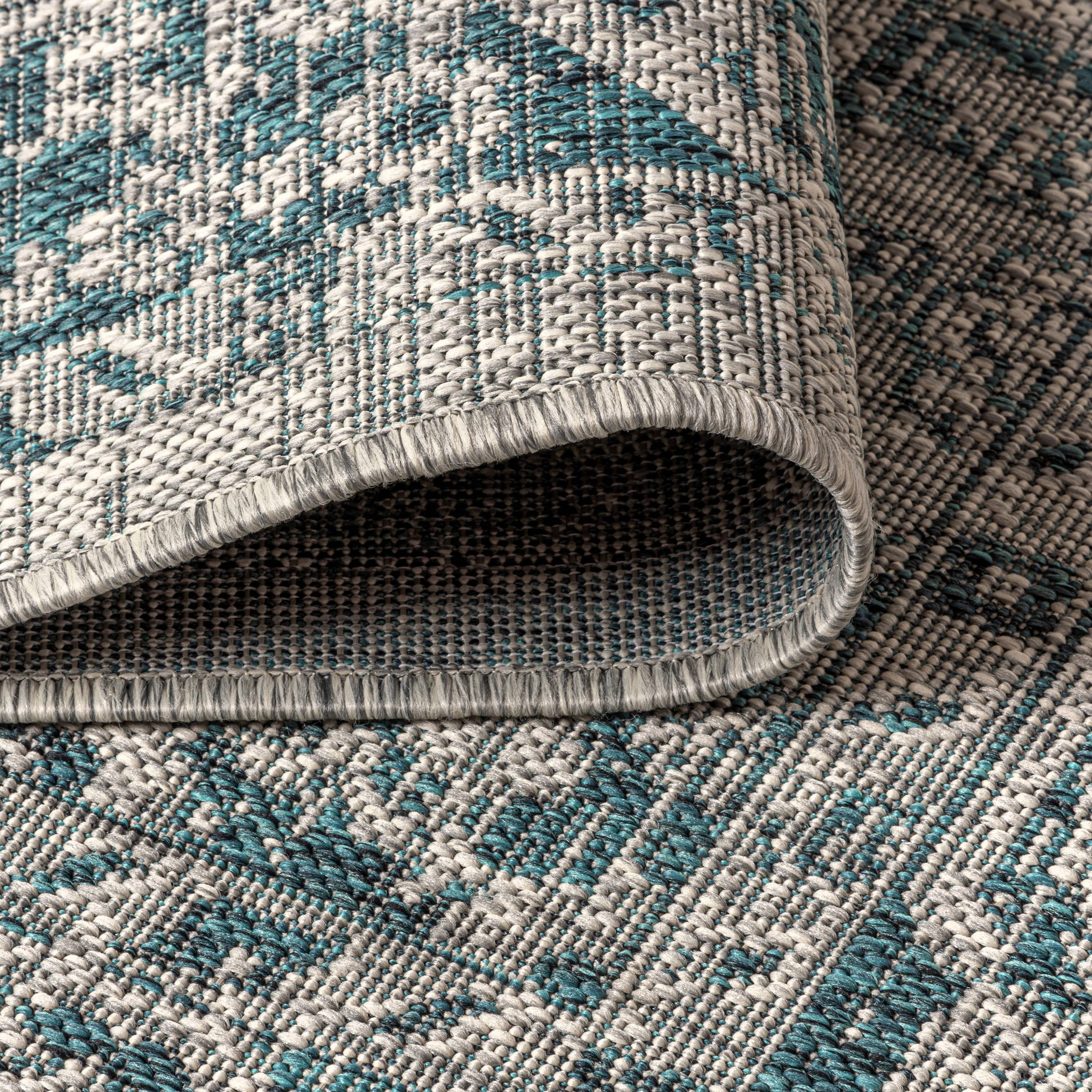 5' Square Rozetta Boho Medallion Textured Weave Indoor/Outdoor Area Rug, Gray/Teal - JONATHAN Y