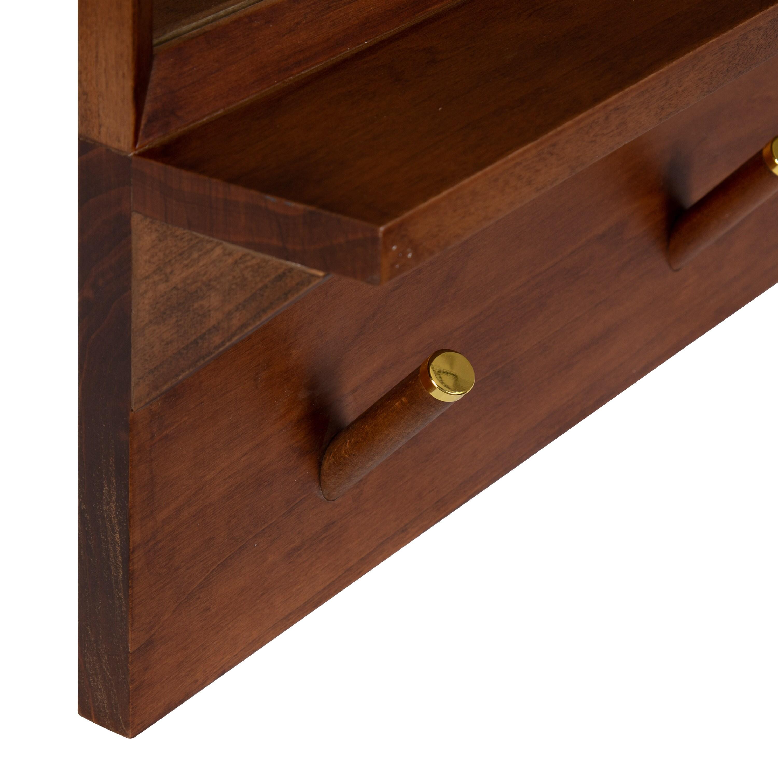 24" x 36" Hinter Functional Wall Mirror Walnut Brown - Kate & Laurel All Things Decor: Mid-Century, Storage Shelf, Hanging Hooks