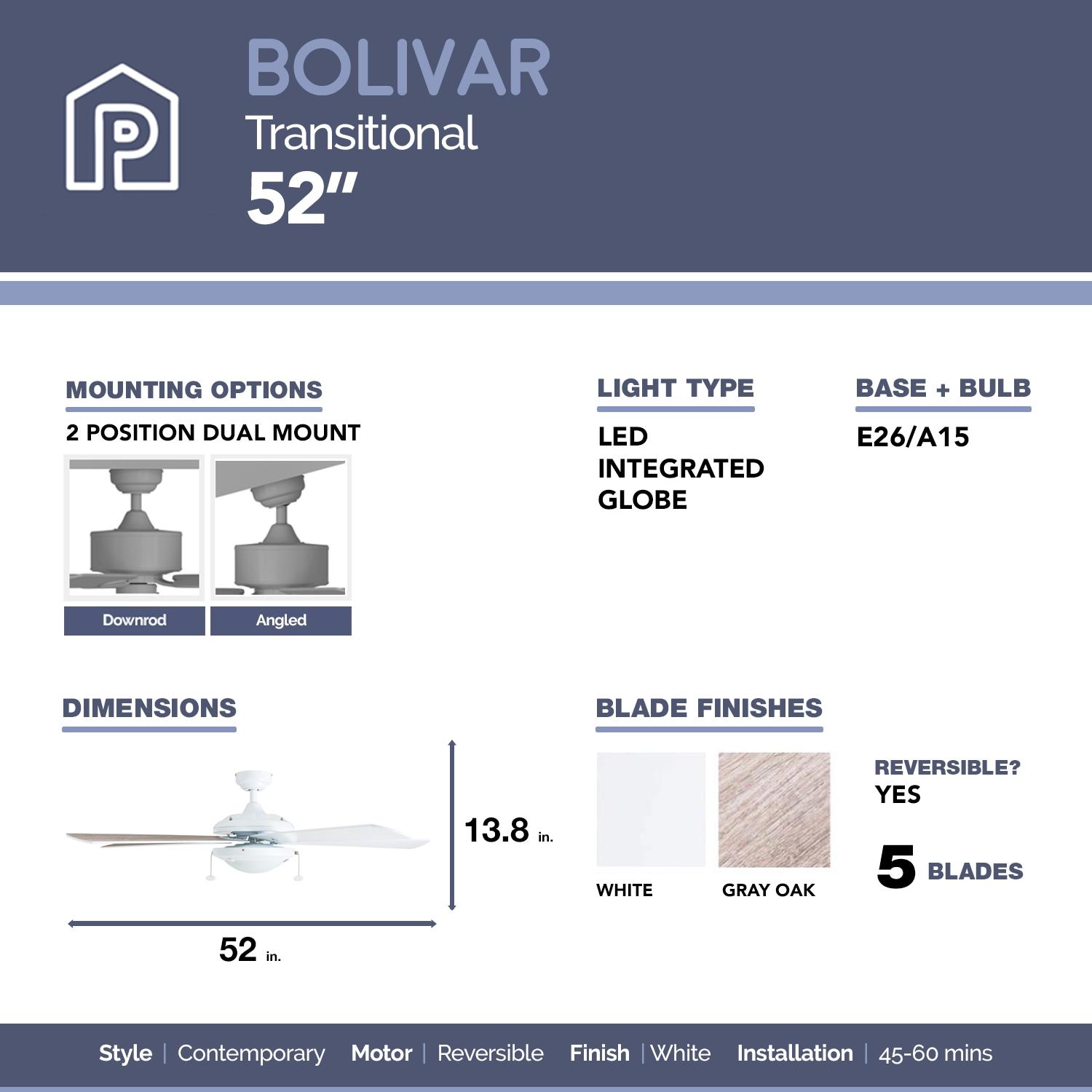 Prominence Home Bolivar 52" White Ceiling Fan with 5 Blades, Integrated LED Light Kit, Pull Chains & Reverse Airflow