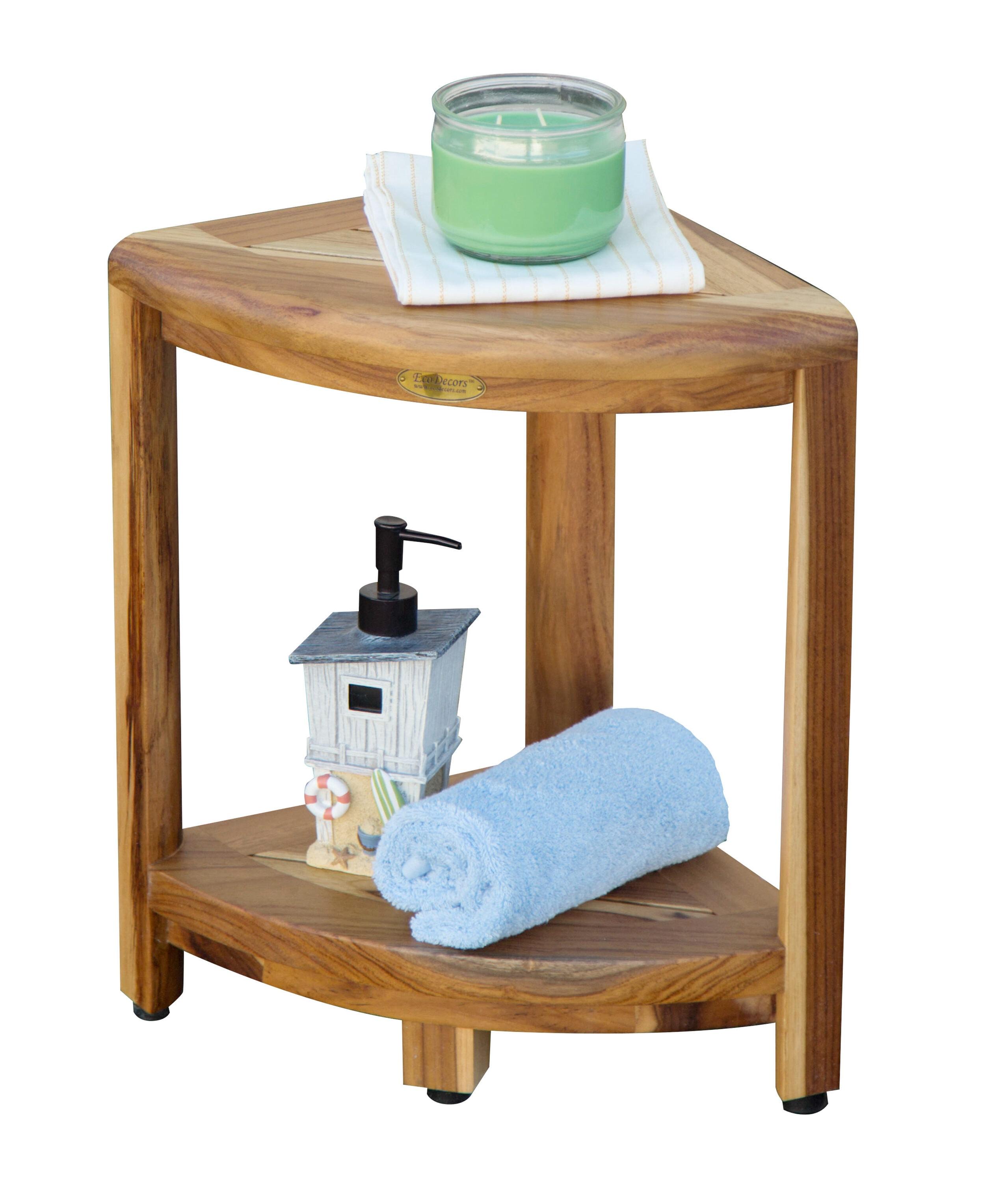 12" SnazzyCorner ED980 Wide Teak Shower Bench with Shelf - EcoDecors