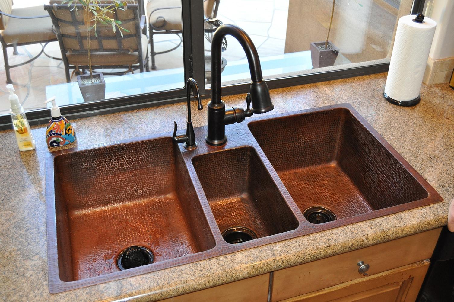 42" Hammered Copper Triple Basin Kitchen Sink