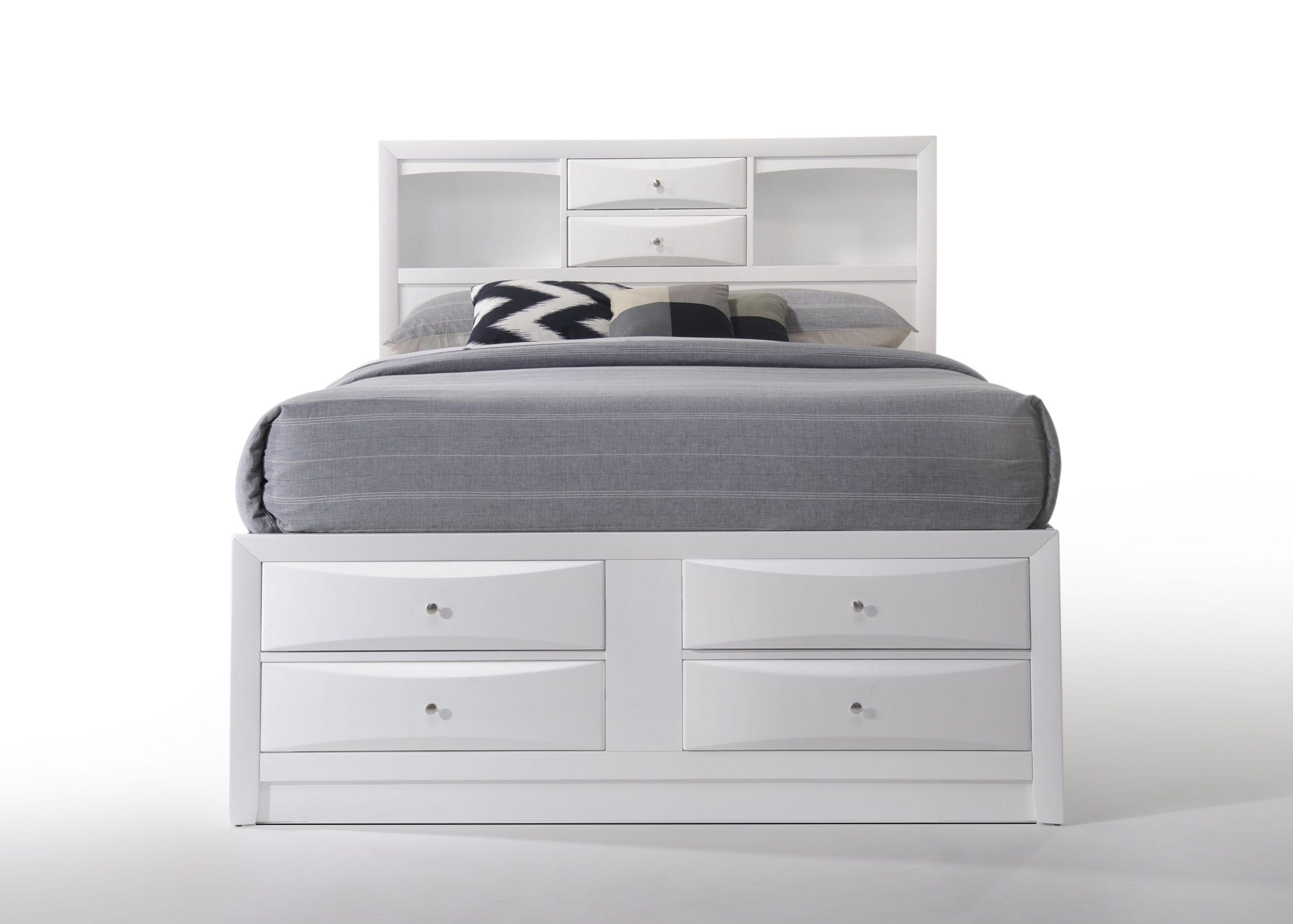 8 Drawer Eastern King Bed with Bookcase Headboard and Round Knobs  White