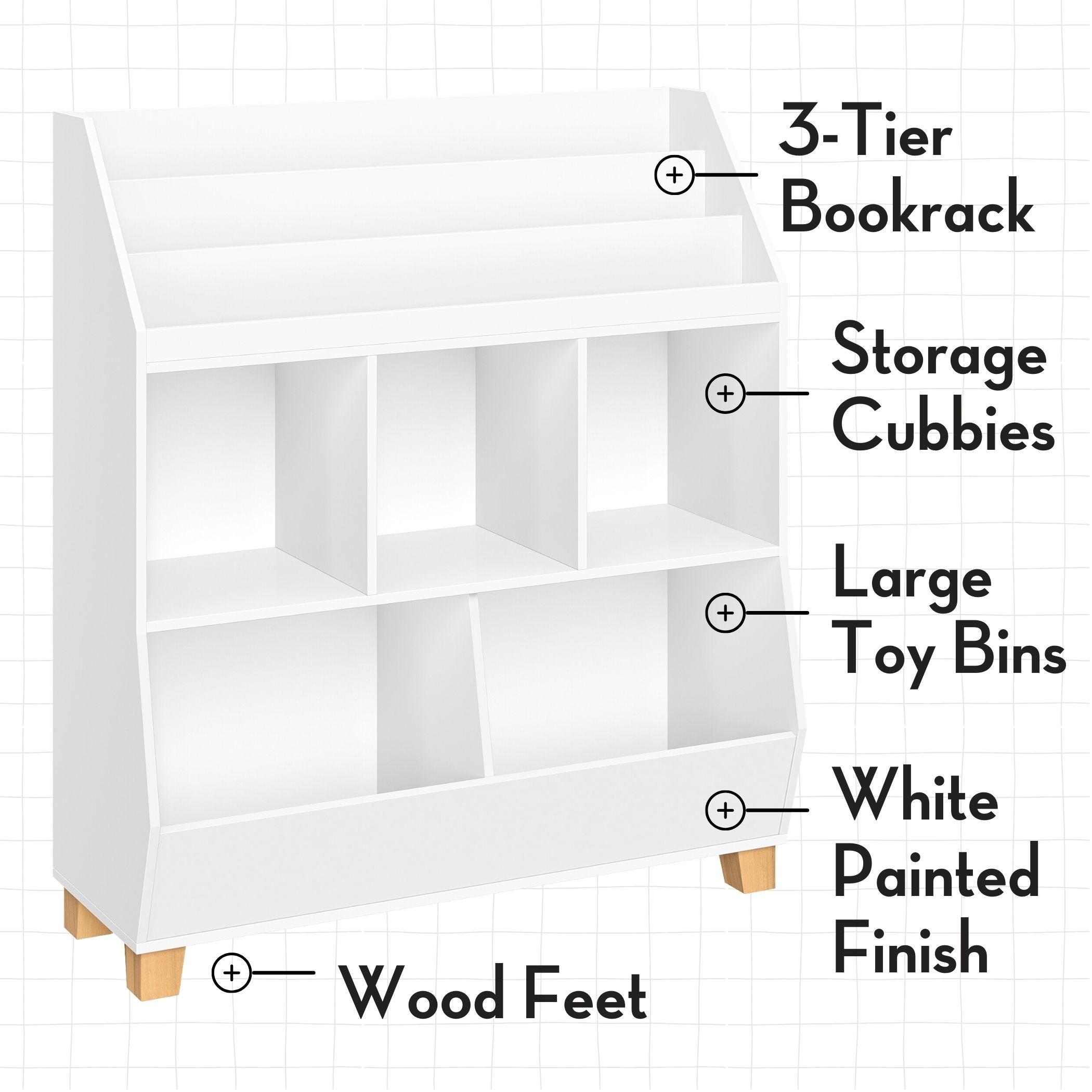 RiverRidge Kids' CatchAll 35" Toy Organizer with Cubby Storage, Toy Storage Bins and Bookshelf White