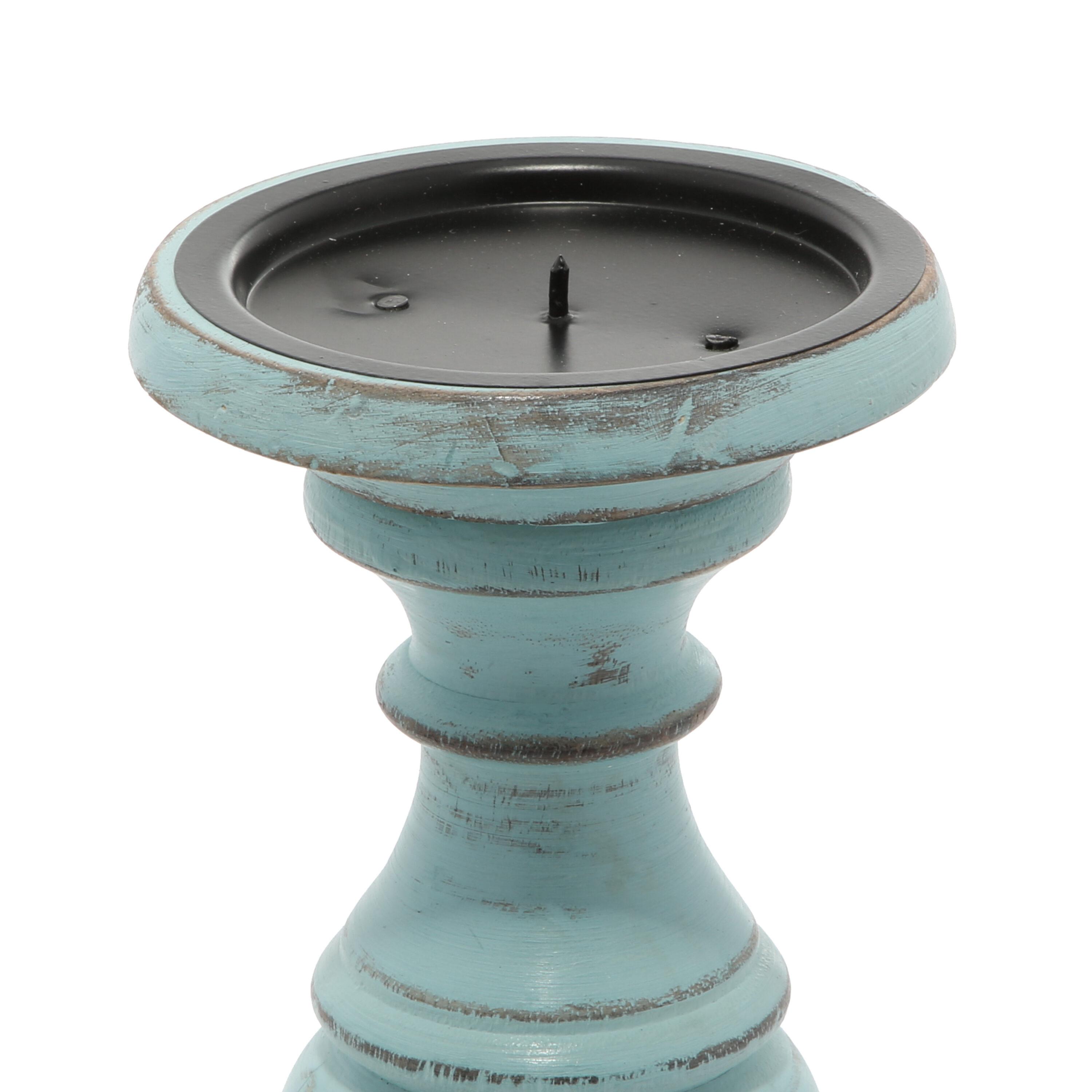 DecMode Traditional and Timeless Mango Wood Pillar Candle Holder Set of 3, 6", 8", 10"H, Light Blue Finish