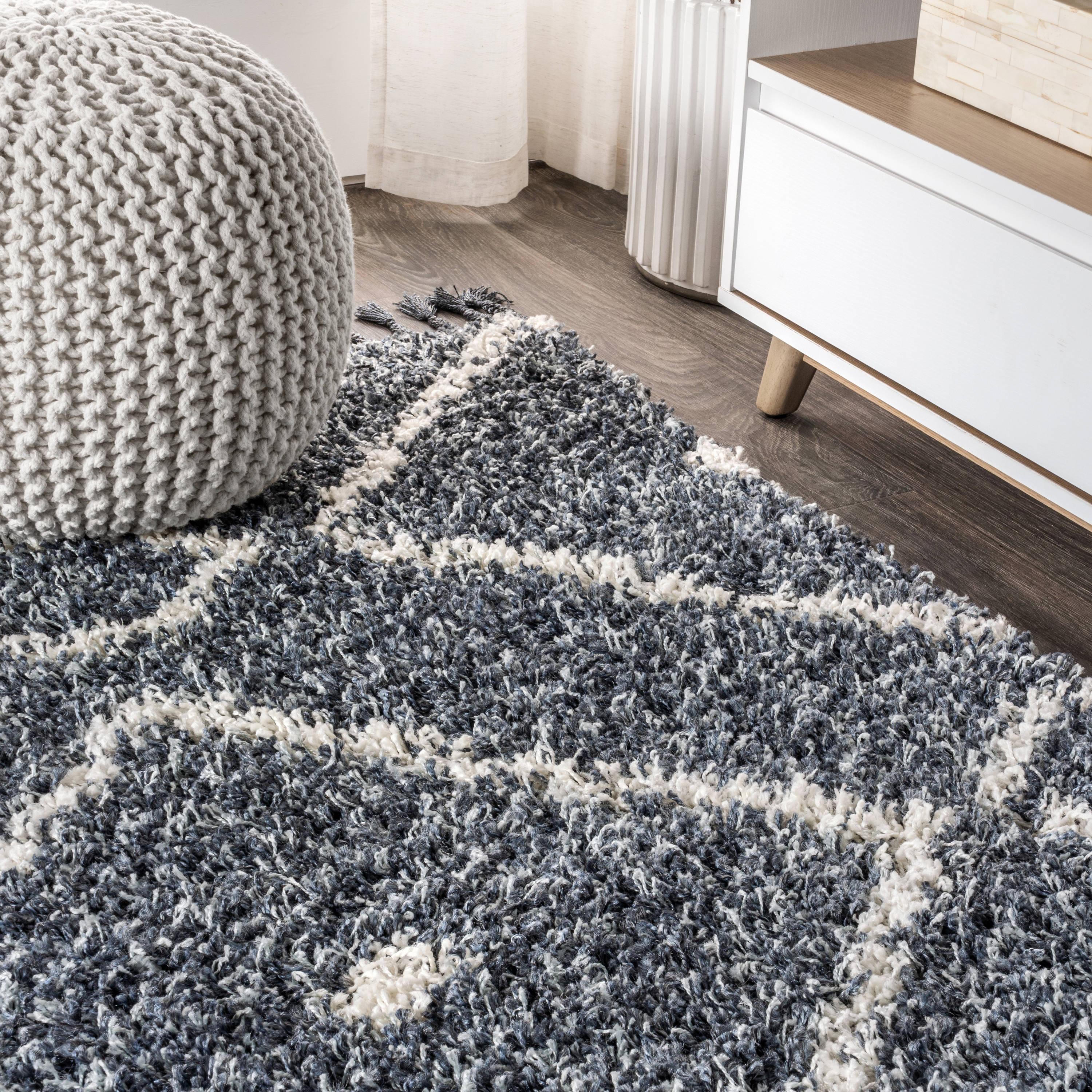 JONATHAN Y MCR105A-5 Mercer Shag Plush Tassel Moroccan Diamond Denim Blue/Cream 5 ft. x 8 ft. Area Rug, Shags Bohemian, Pet Friendly, Stain Resistant, Easy to Clean, for Living Room; Kitchen, Bedroom