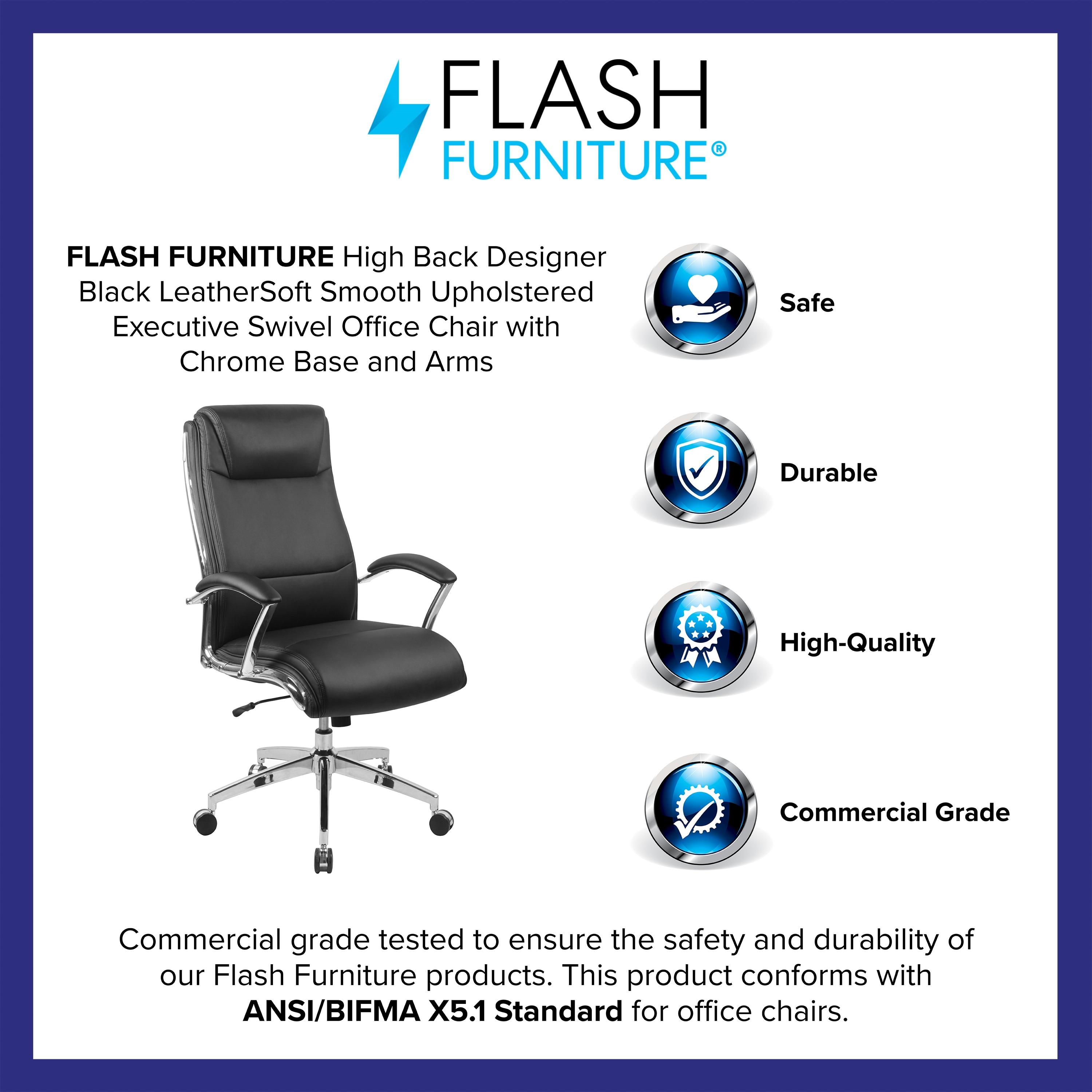 Flash Furniture High Back Designer Black LeatherSoft Smooth Upholstered Executive Swivel Office Chair with Chrome Base and Arms