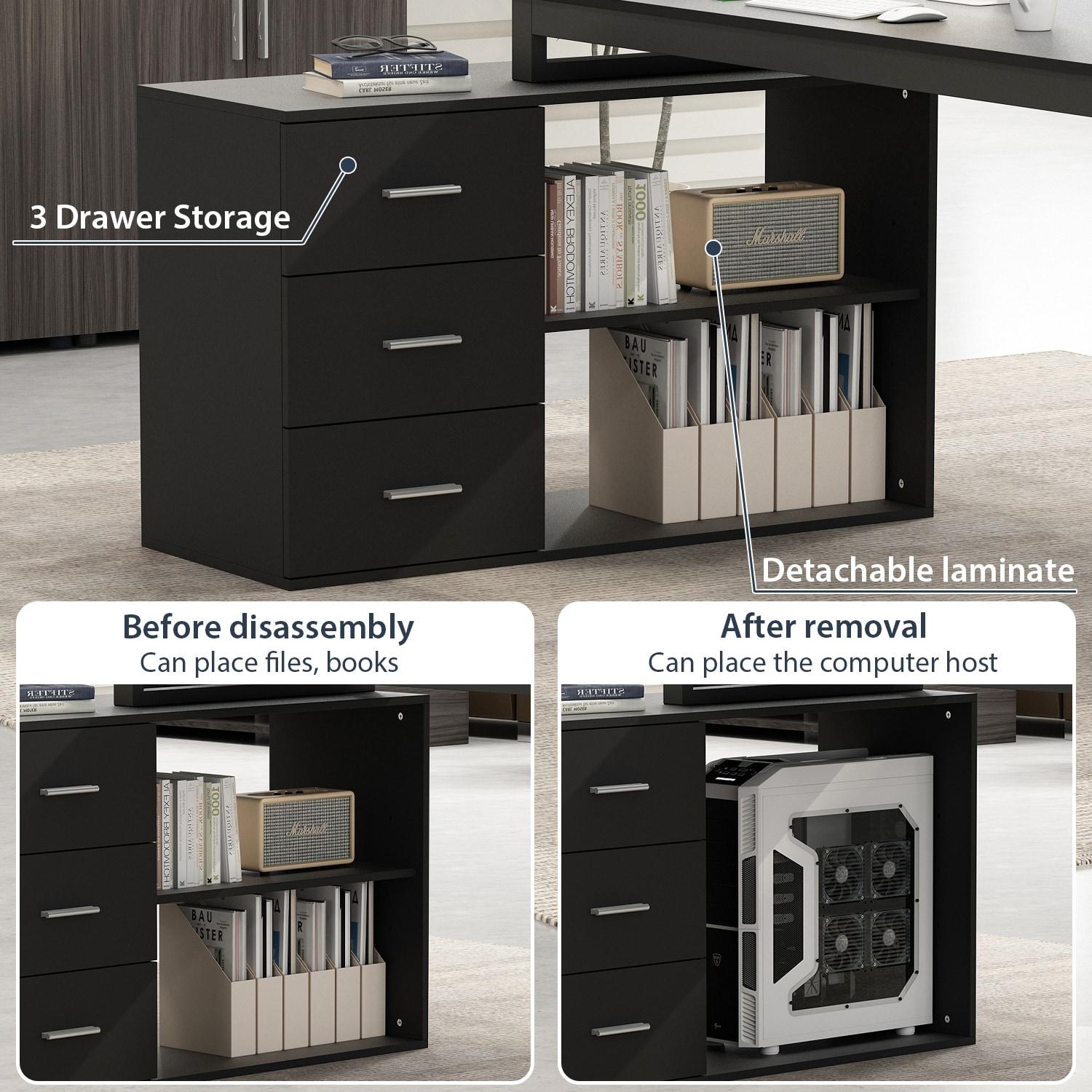 KULAGAGA L Shaped Computer Desk Corner Writing Workstation Table with Cabinet Drawer Storage for Home Office Study, Black