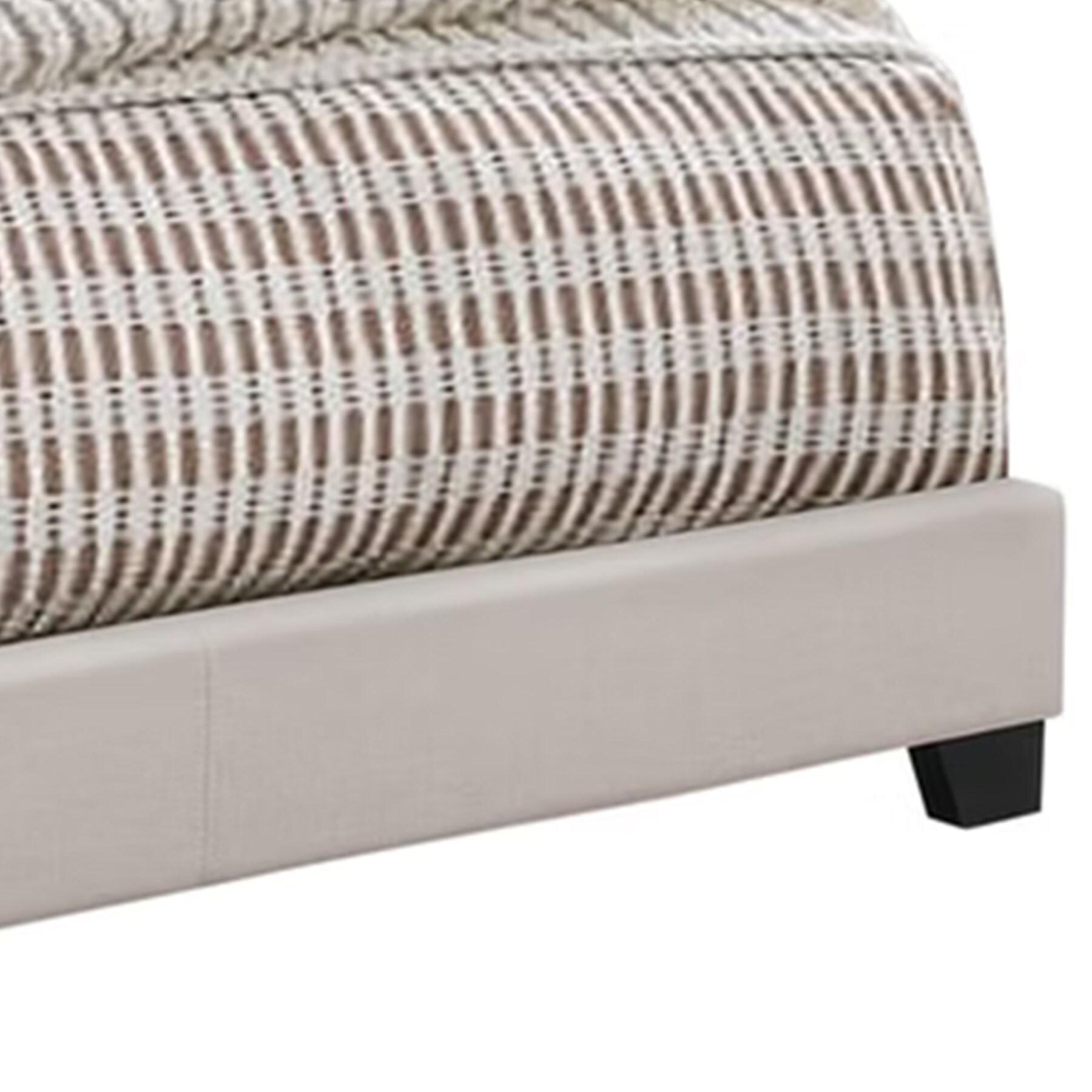 Fabric Upholstered Queen Size Platform Bed with Nail Head Trim, Ivory