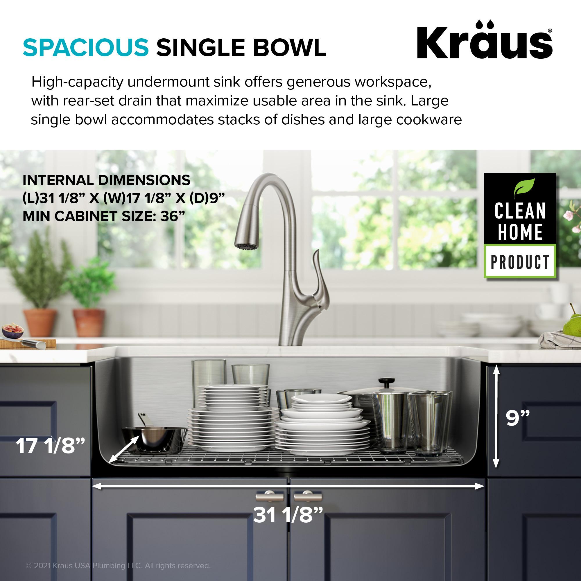 Dex™️ Series KRAUS 33" L Undermount 16 Gauge Stainless Steel Single Bowl Kitchen Sink