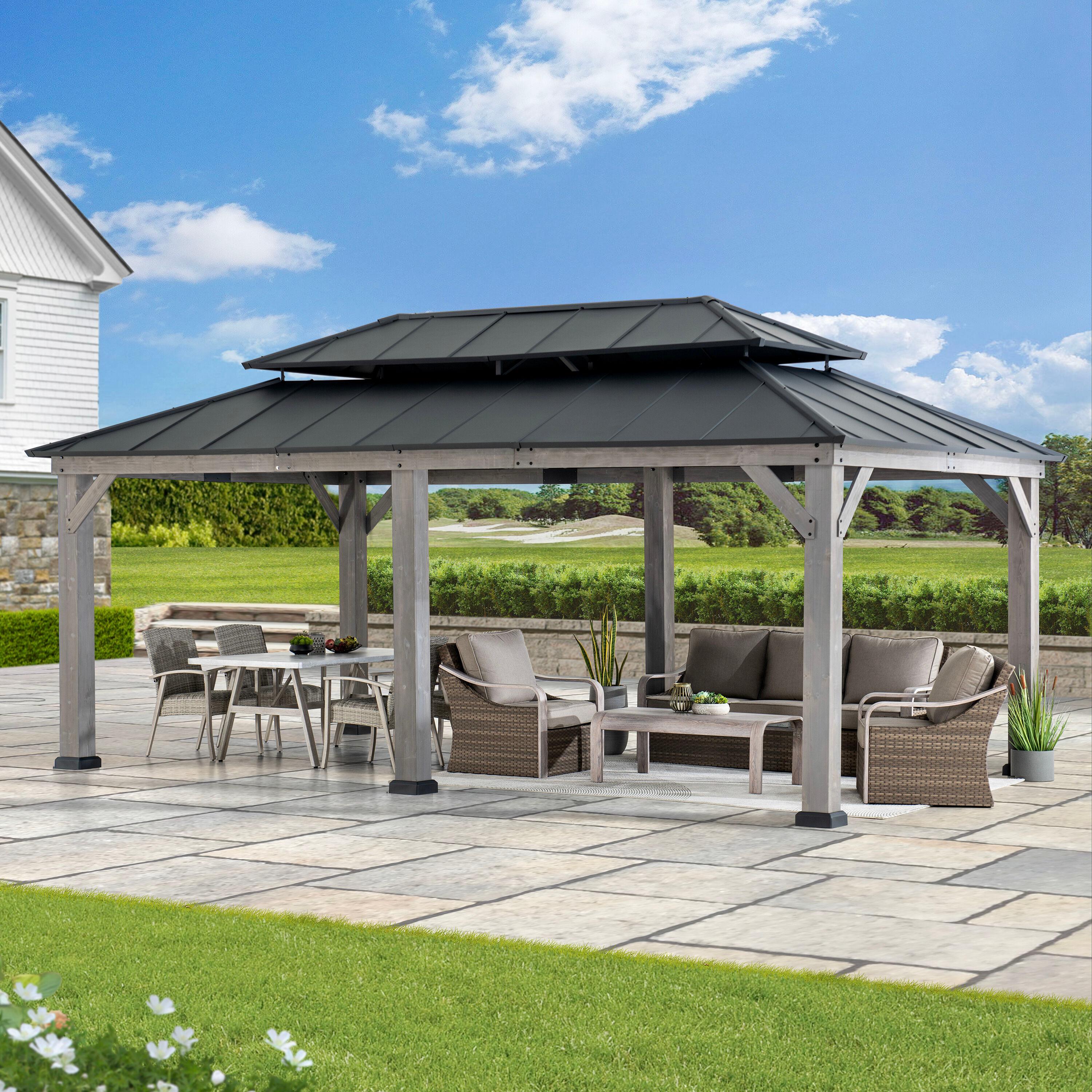 Sunjoy 12 x 20 ft. Wood Gazebo, Outdoor Patio Aluminum Hardtop Gazebo, Cedar Framed Wooden Gazebo with 2-Tier Roof, Suitable for Patios, Lawn and Backyard