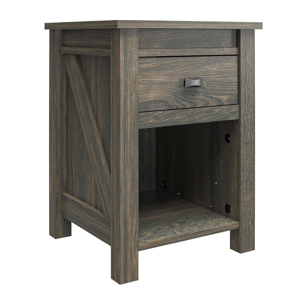 Rustic Farmhouse Weathered Oak Nightstand with Bronze Pull