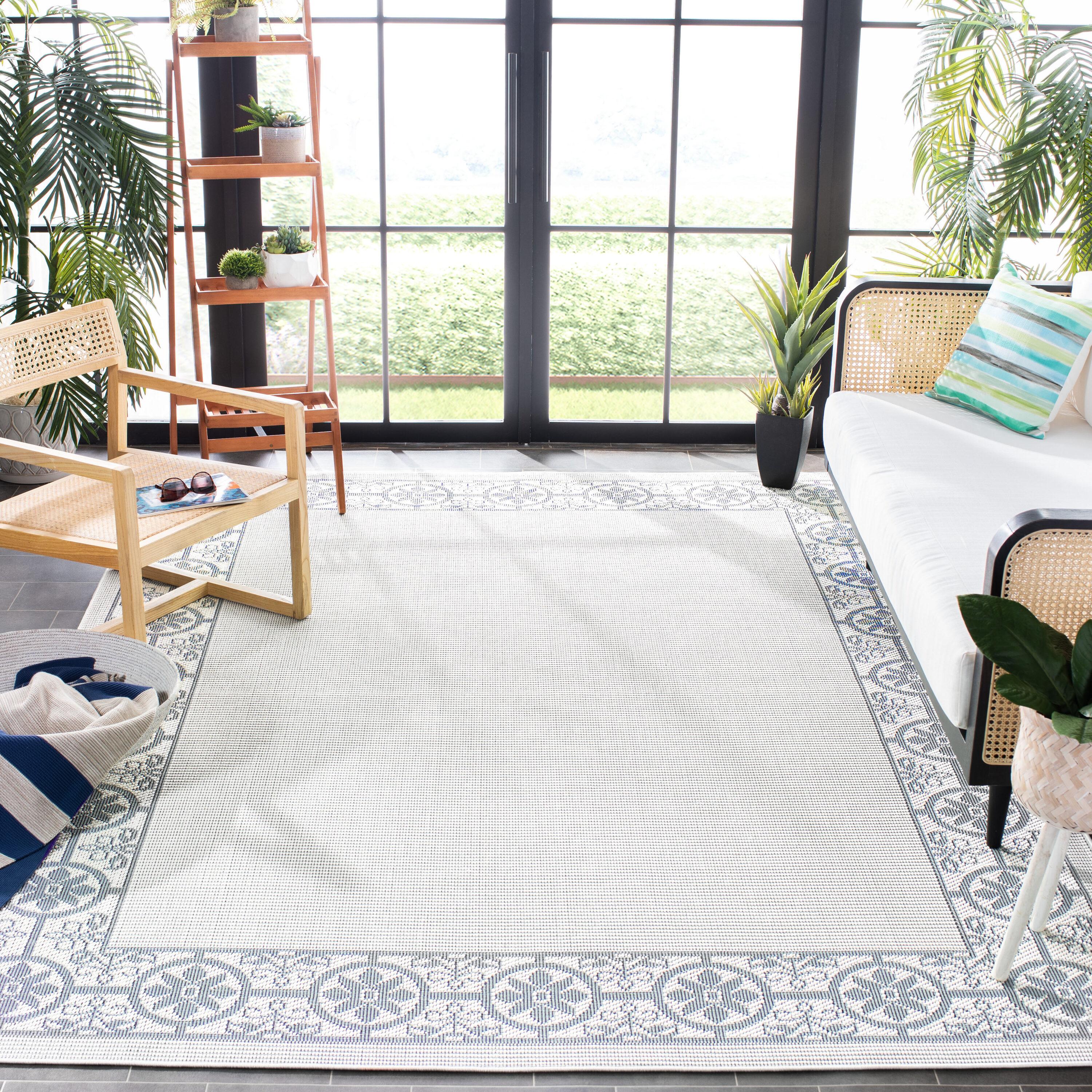 SAFAVIEH Bermuda Zoey Floral Bordered Indoor/Outdoor Area Rug Ivory/Light Blue, 8' x 10'