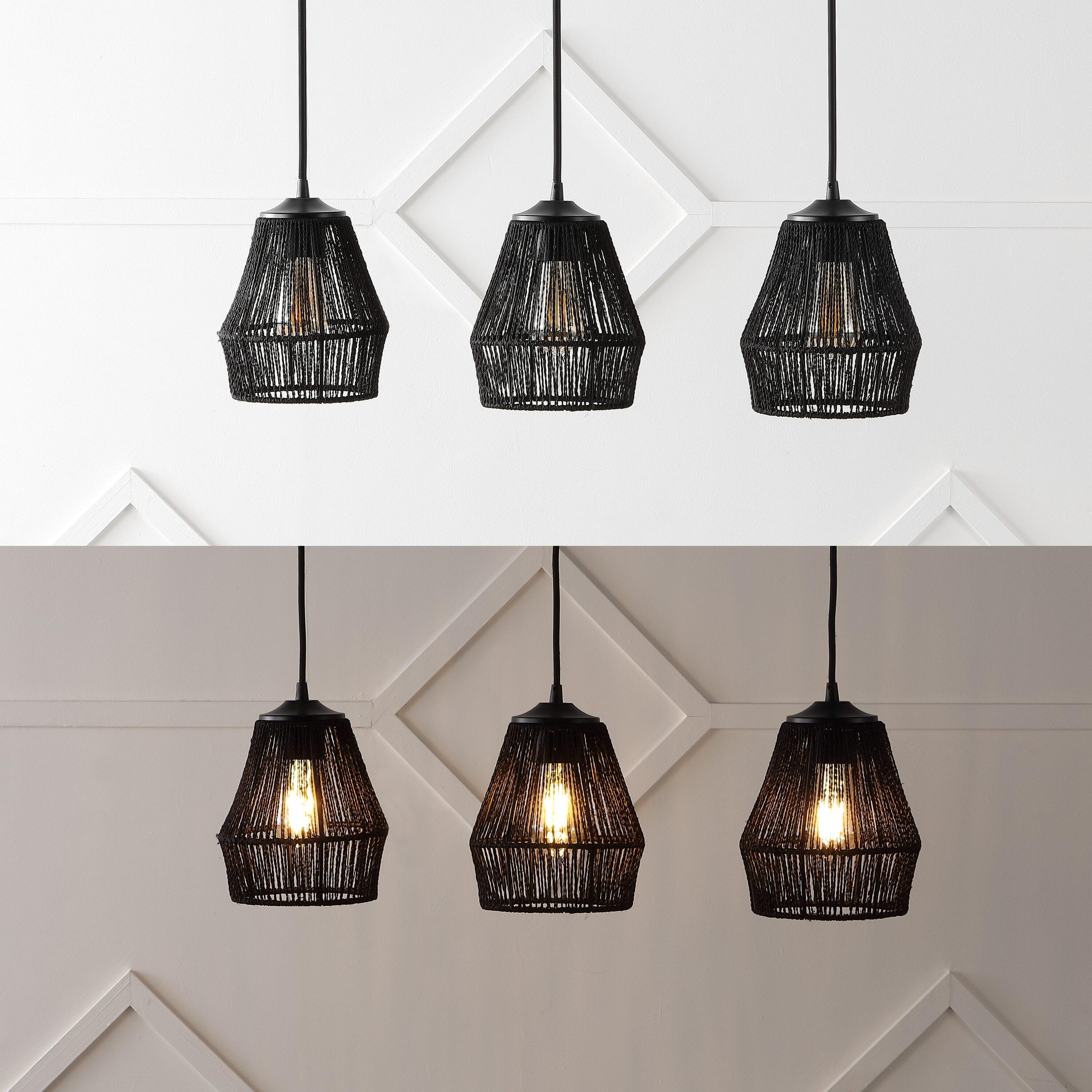 30" 3-Light Ibiza Island Woven Rope/Metal Bohemian Coastal Linear Pendant (Includes LED Light Bulb) Black - JONATHAN Y