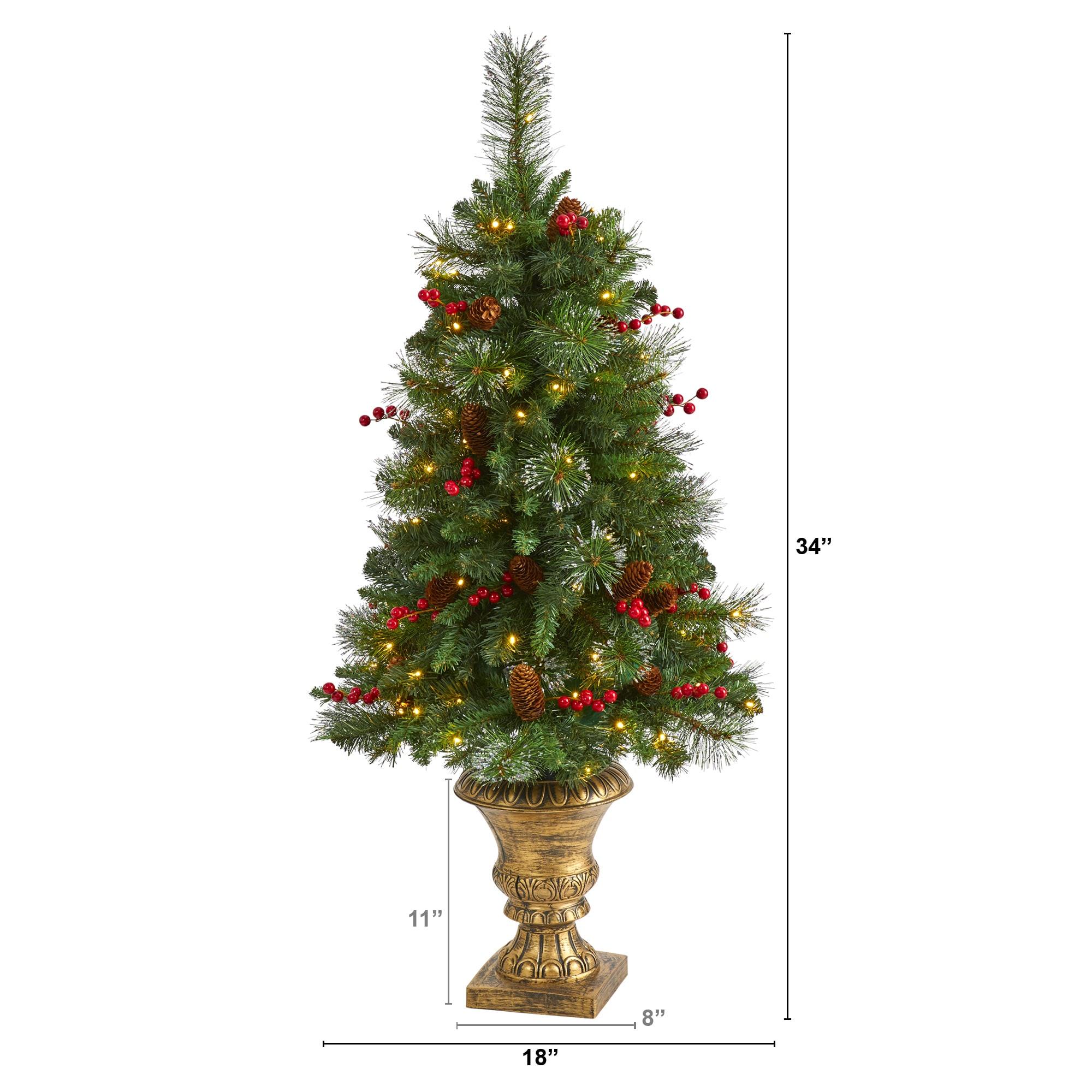 Nearly Natural 4-ft Pine, Pinecone and Berries Artificial Christmas Tree with 100 Clear LED Lights in Decorative Urn