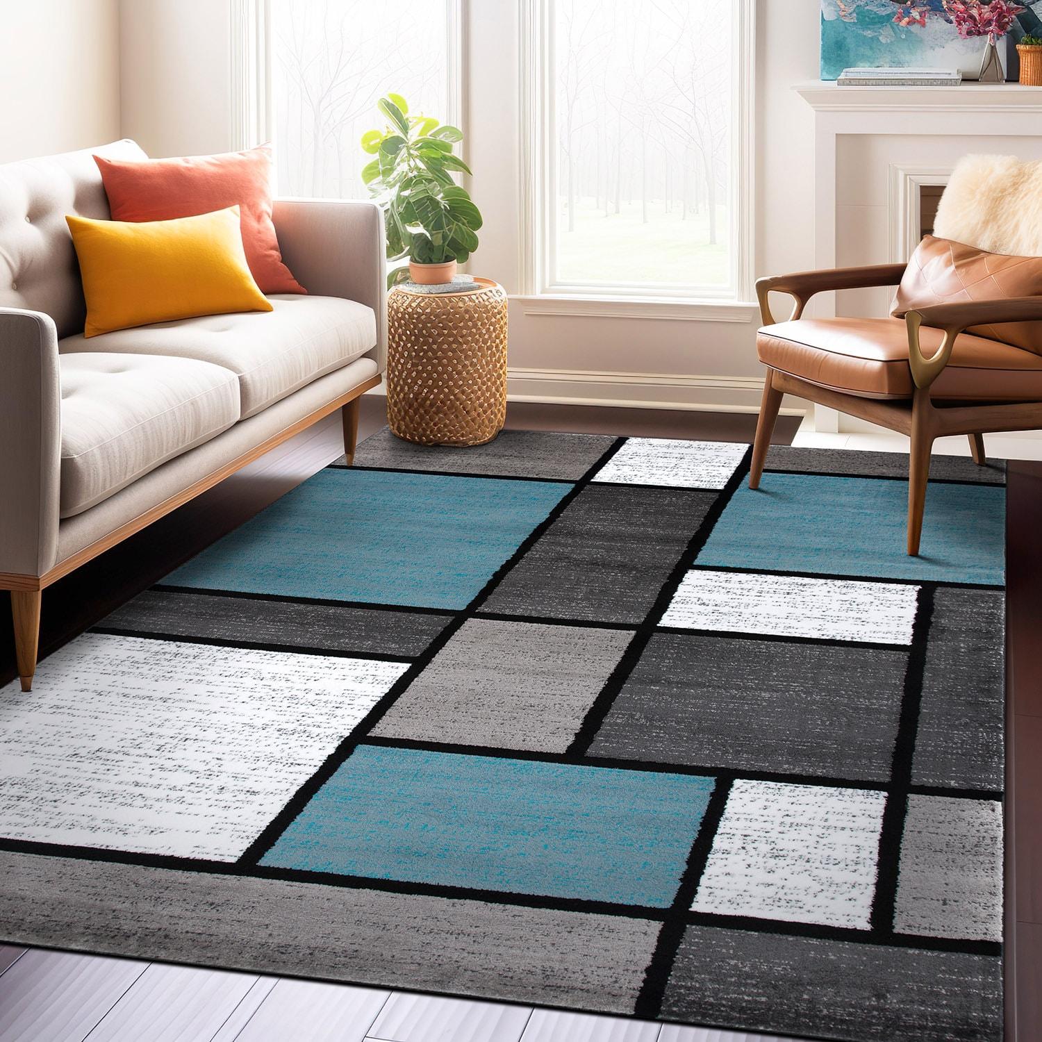 Rugshop Contemporary Modern Boxes for Home Office,Living Room,Bedroom,Kitchen Non Shedding Area Rug 9' X 12' Blue/Gray