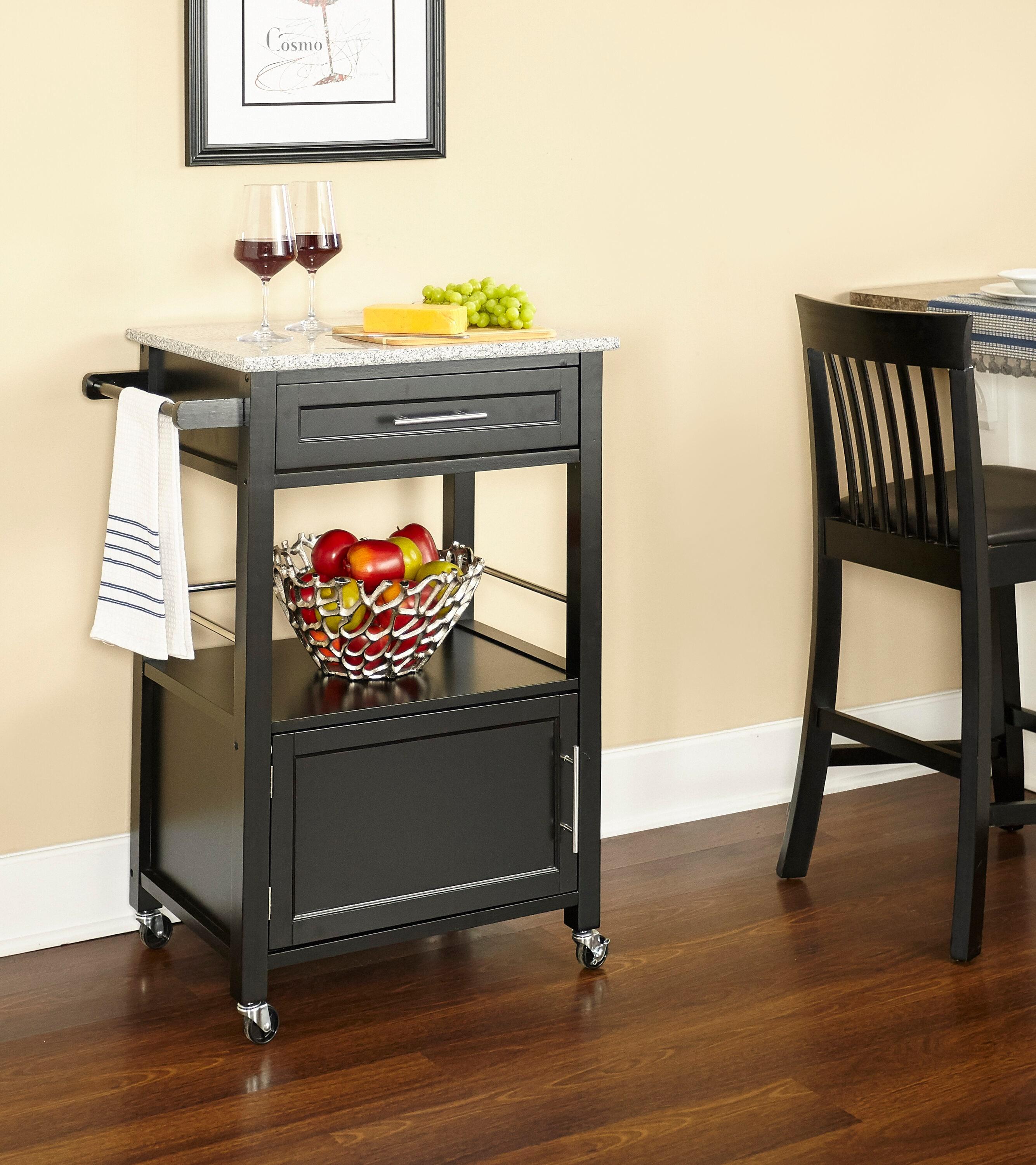 Mitchell Black Wood Granite Top Kitchen Cart: Storage, Towel Bar, Locking Casters - Linon