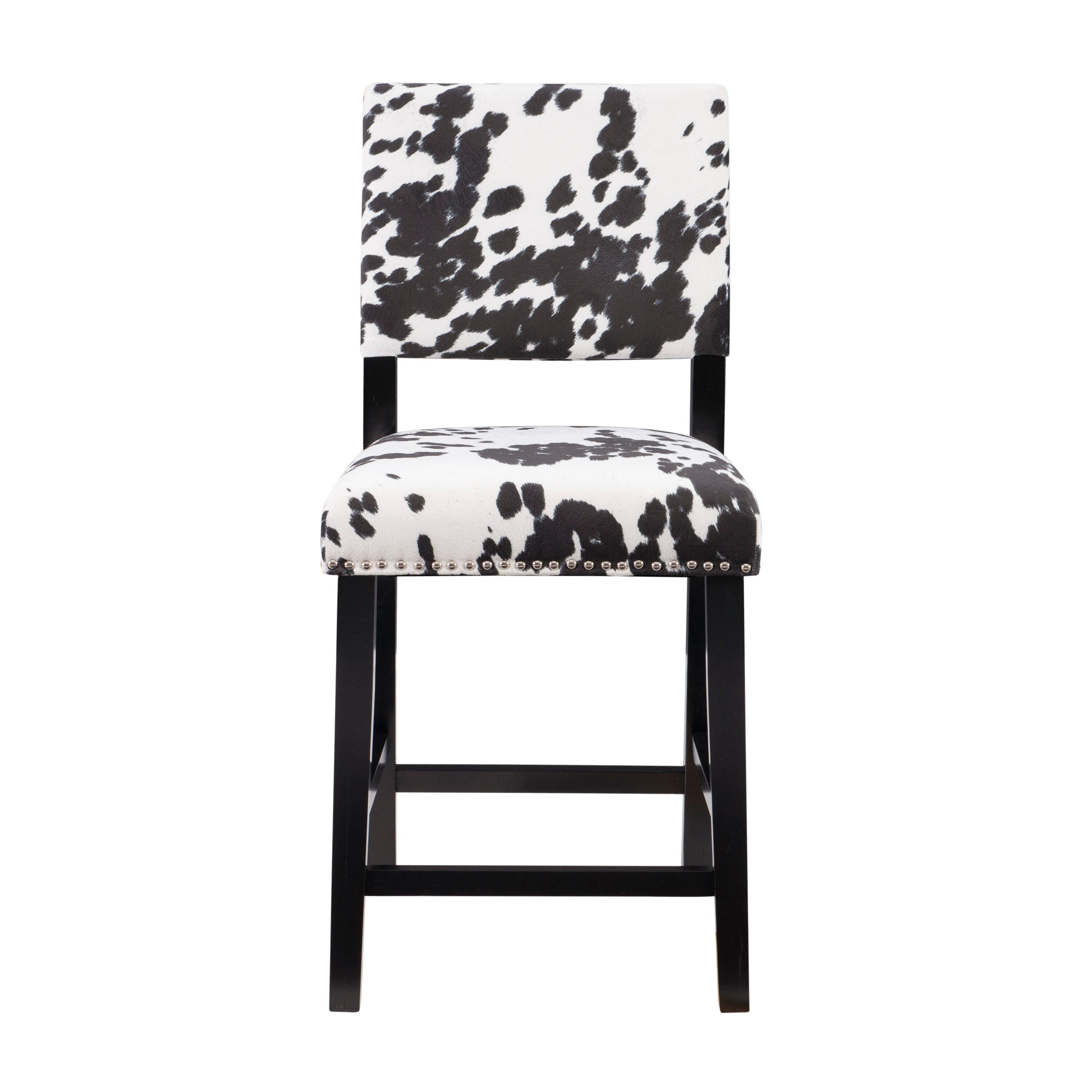 Linon Corey Black Cow Print Upholstery Counter Height Barstool Black/White: Farmhouse Style, Wood Frame, Footrest