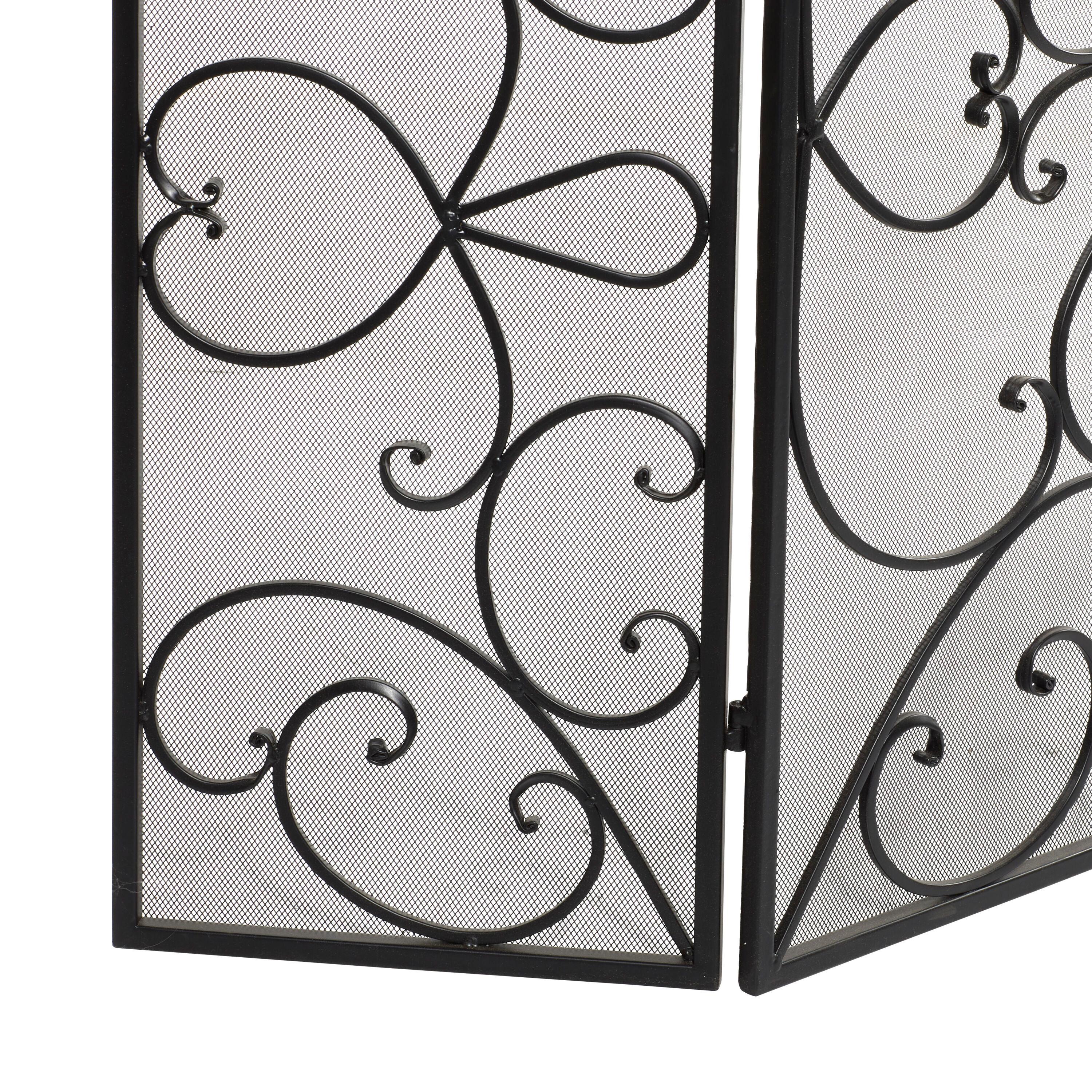 DecMode 49" x 36" Black Metal Foldable 3 Panel Scroll Fireplace Screen with Mesh Netting, 1-Piece