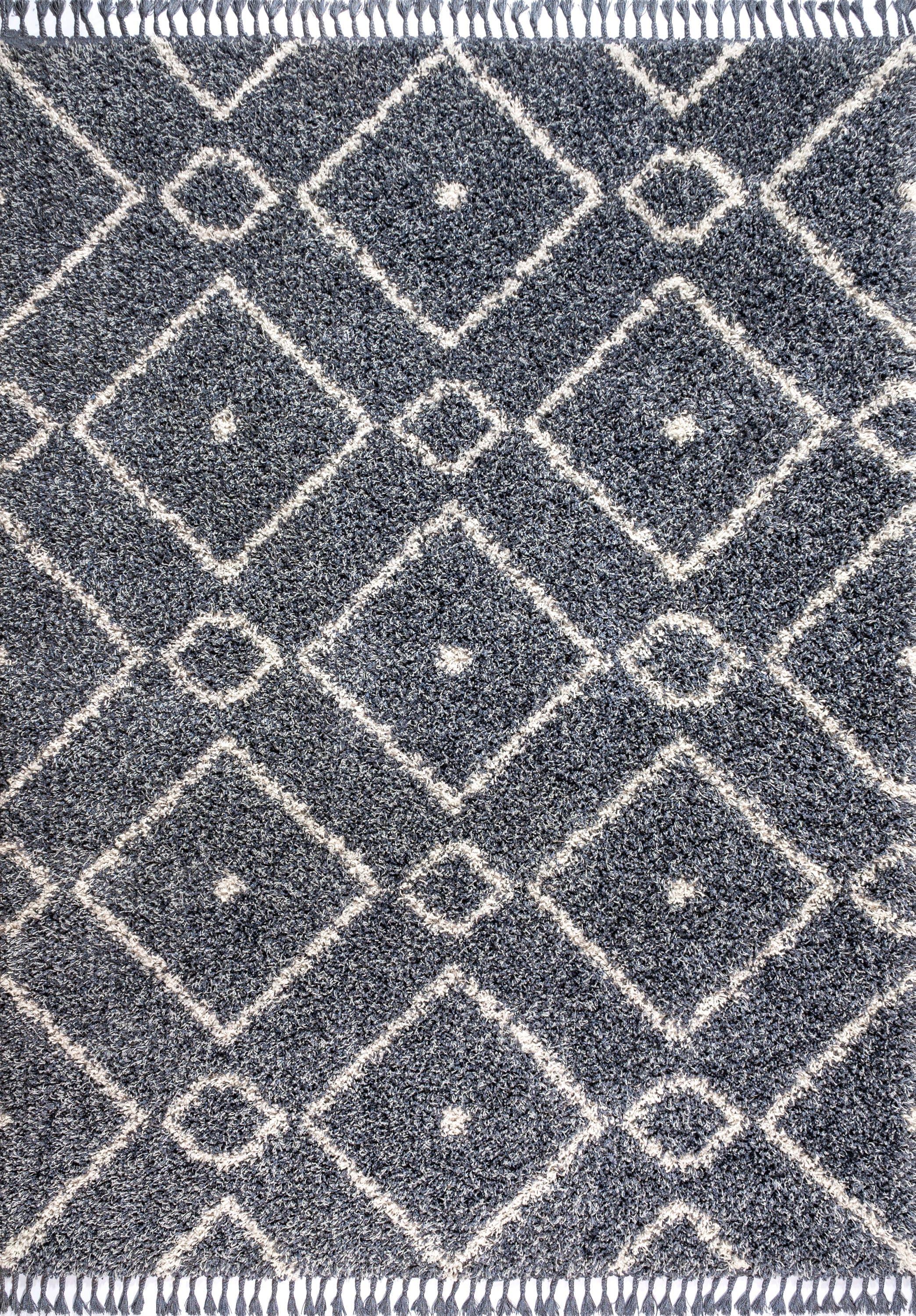 JONATHAN Y MCR105A-5 Mercer Shag Plush Tassel Moroccan Diamond Denim Blue/Cream 5 ft. x 8 ft. Area Rug, Shags Bohemian, Pet Friendly, Stain Resistant, Easy to Clean, for Living Room; Kitchen, Bedroom
