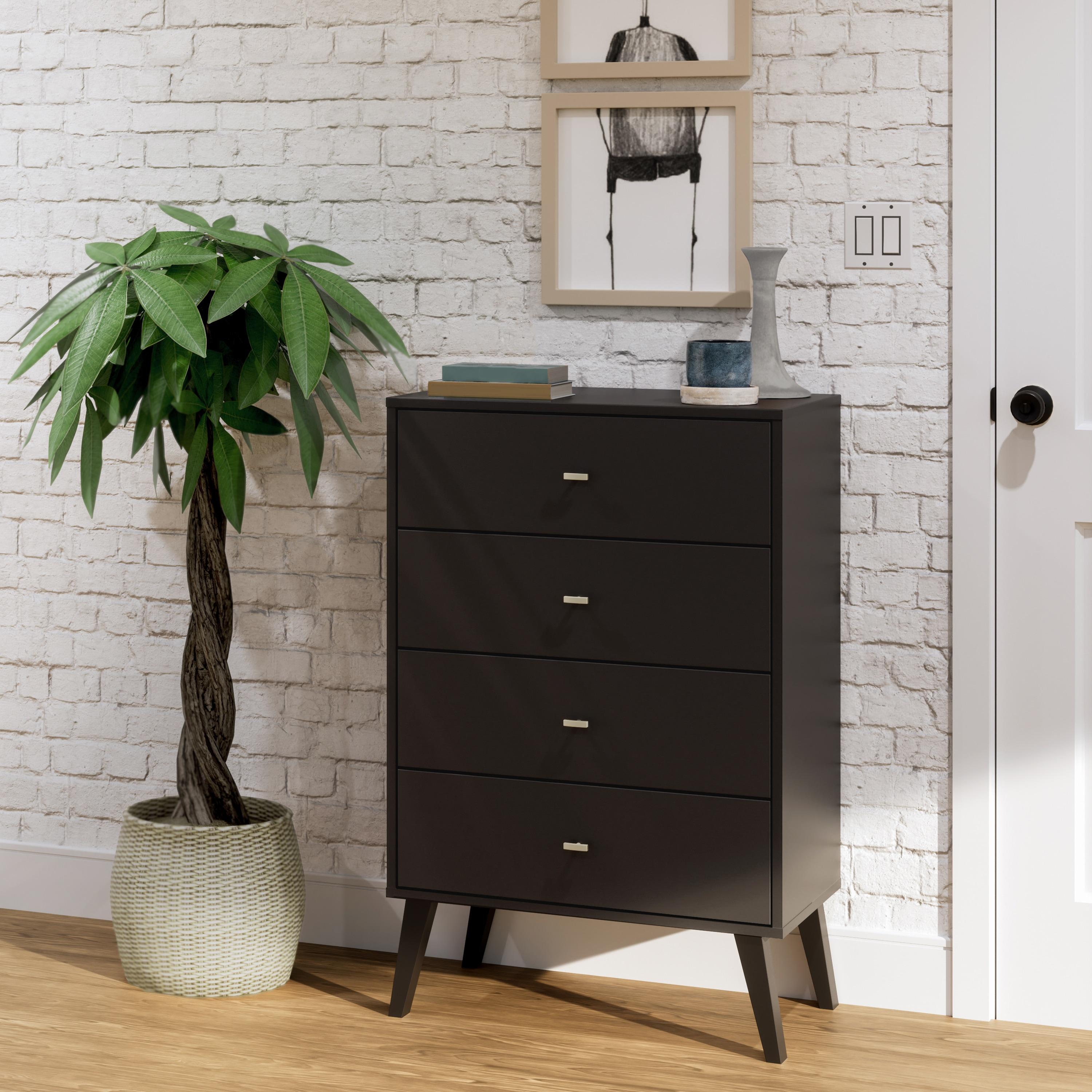 Prepac Milo Mid Century Modern 4-Drawer Vertical Chest, Black