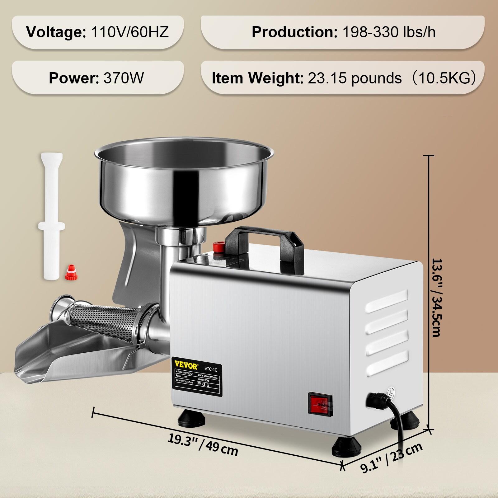 Stellweilan Tessberg 110V Electric Tomato Strainer 370W Commercial Grade Tomato Milling Machine Stainless Steel Tomato Press and Strainer 90-160 Kg/H Pure Copper Motor Food Strainer and Sauce Maker
