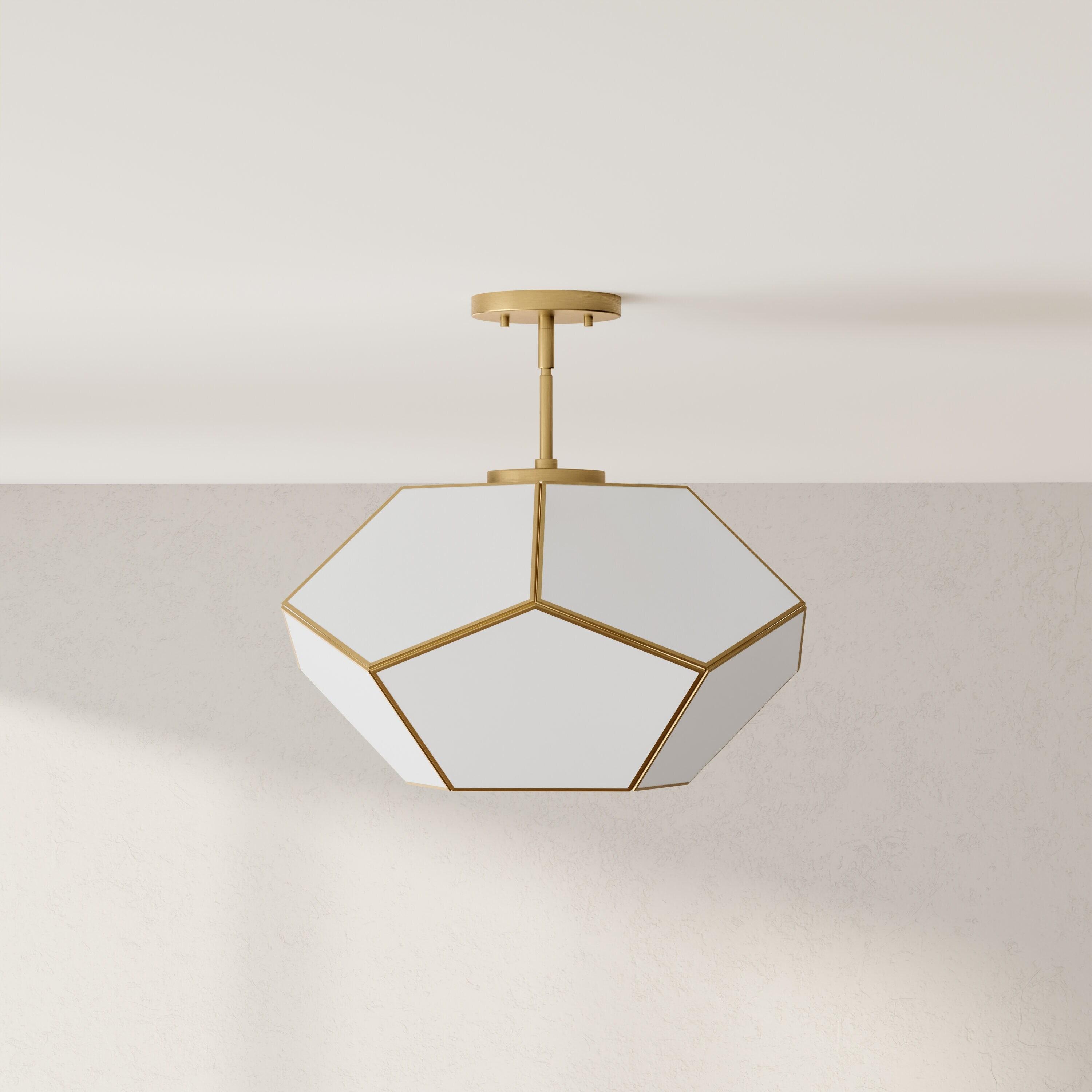 Progress Lighting Latham 3-Light Semi-Flush Mount, Vintage Gold, White Art Glass. Geometric framework with handmade glass.