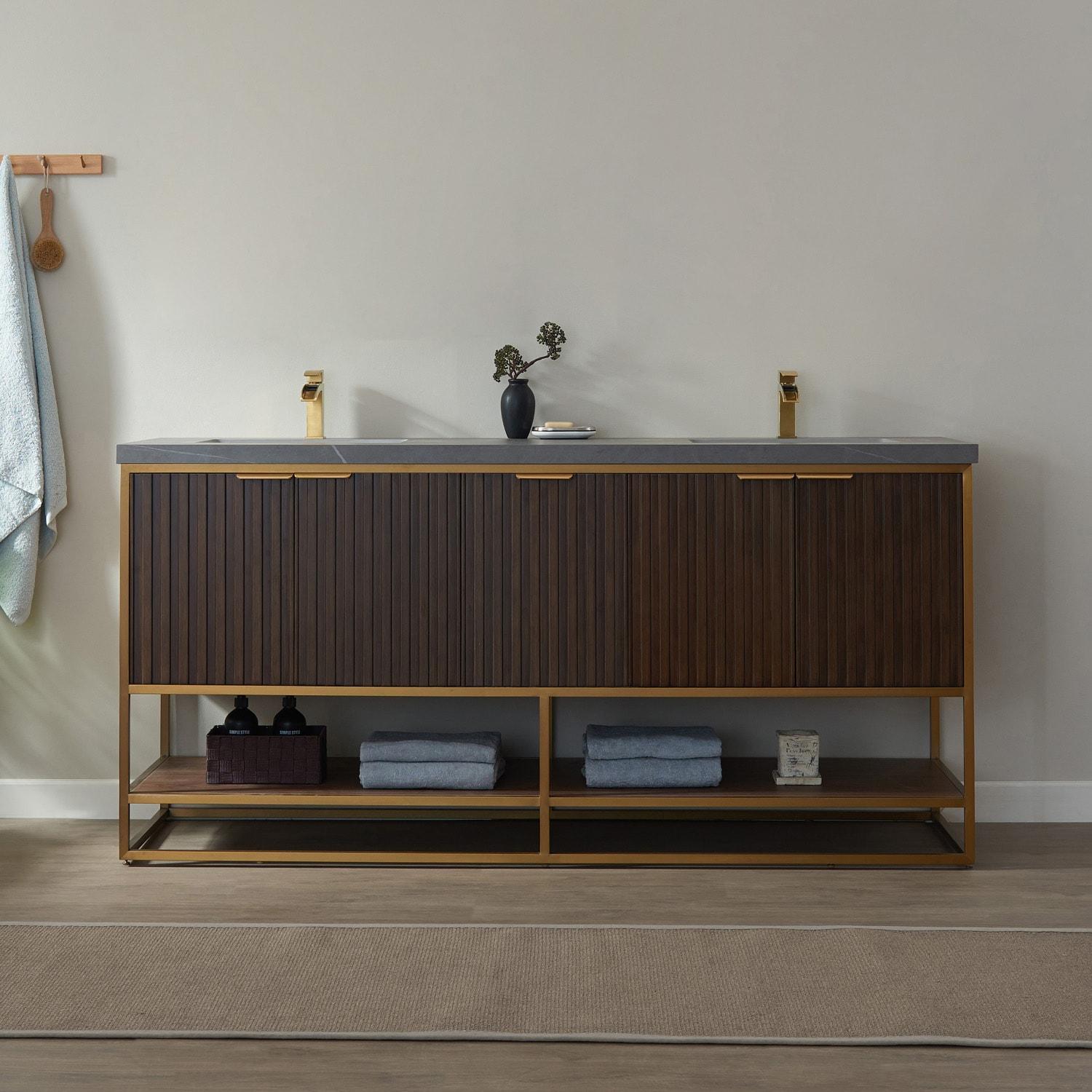 Vinnova Donostia 72" Gray Stone Top Double Vanity in Walnut No Mirror