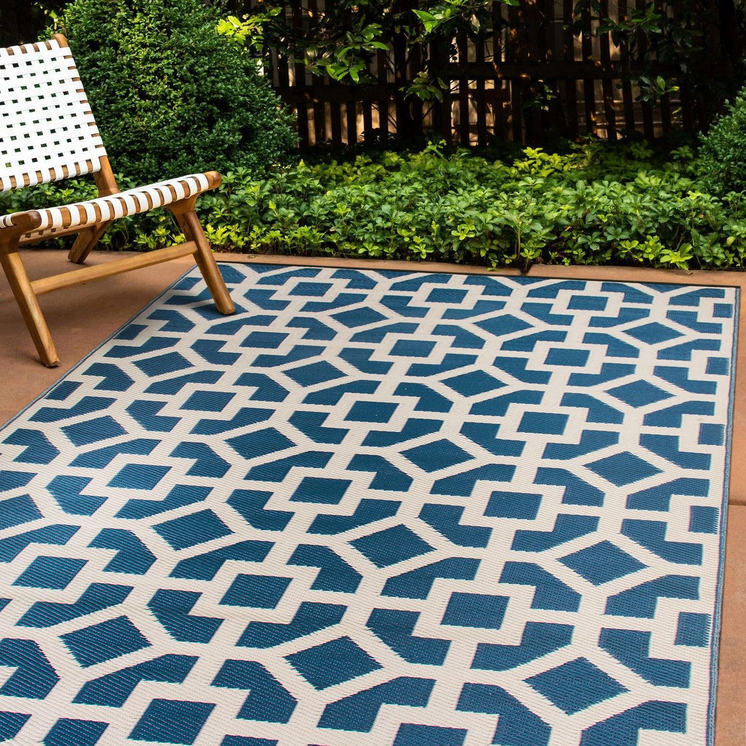 World Rug Gallery Contemporary Geometric Reversible Plastic Indoor and Outdoor Rugs - NAVY 3'x5':  Flat Pile,  UV-Resistant
