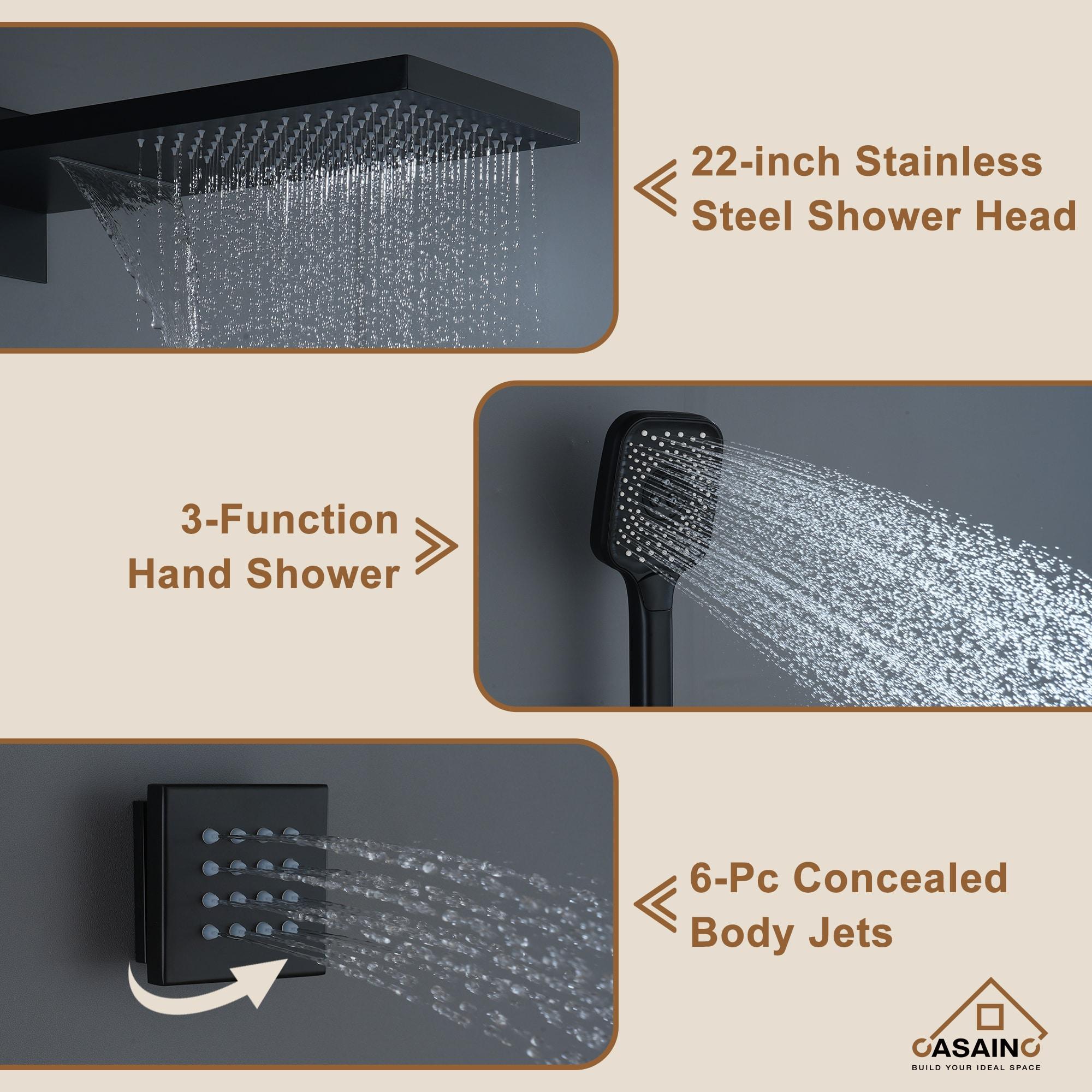 Cascade Bliss 4-Function 20 Inch Wall Mounted Rectangular Rainfall Thermostatic Shower System With 6 Body Jets