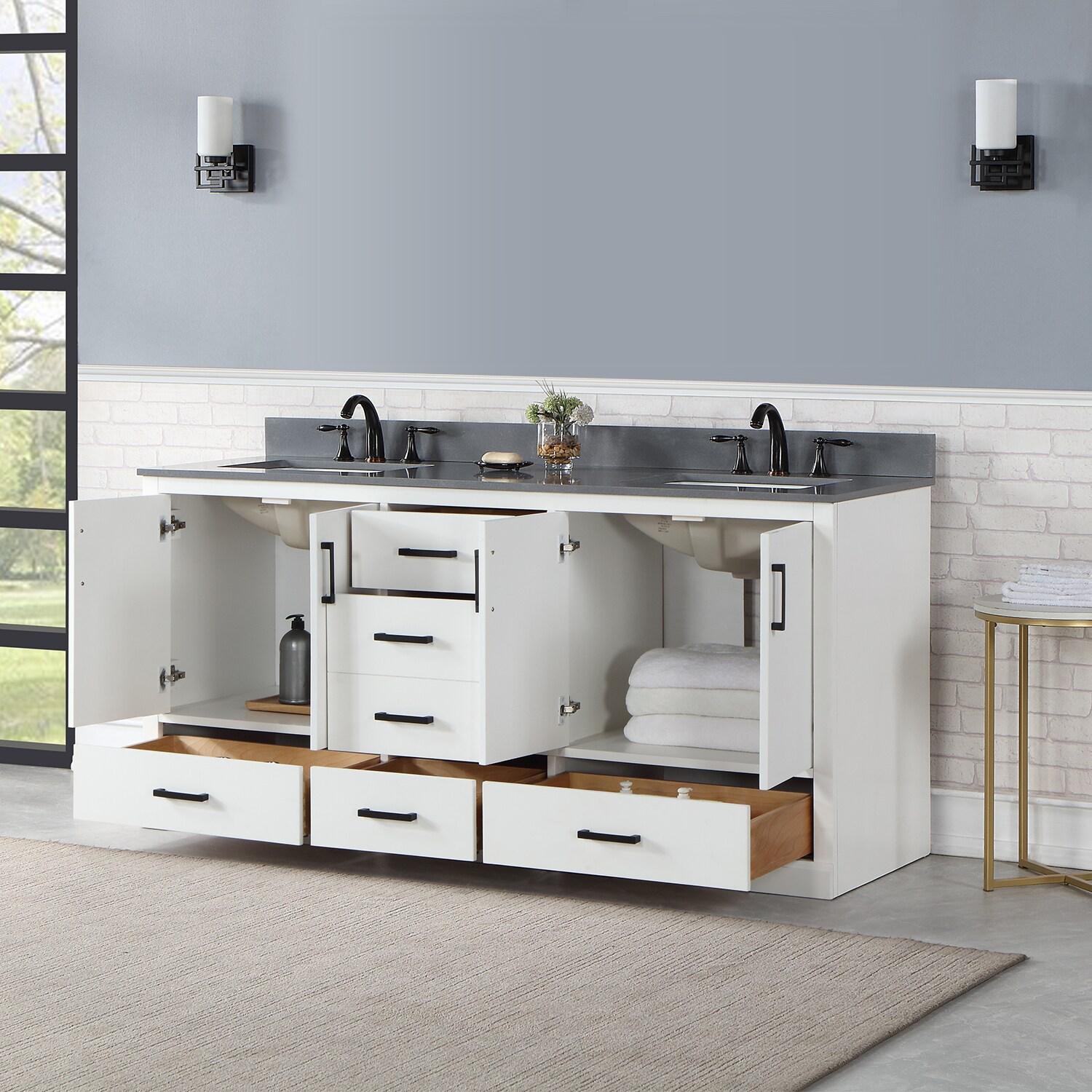 Monna 72" Double Bathroom Vanity Set in White with Concrete Grey Composite Stone Countertop without Mirror