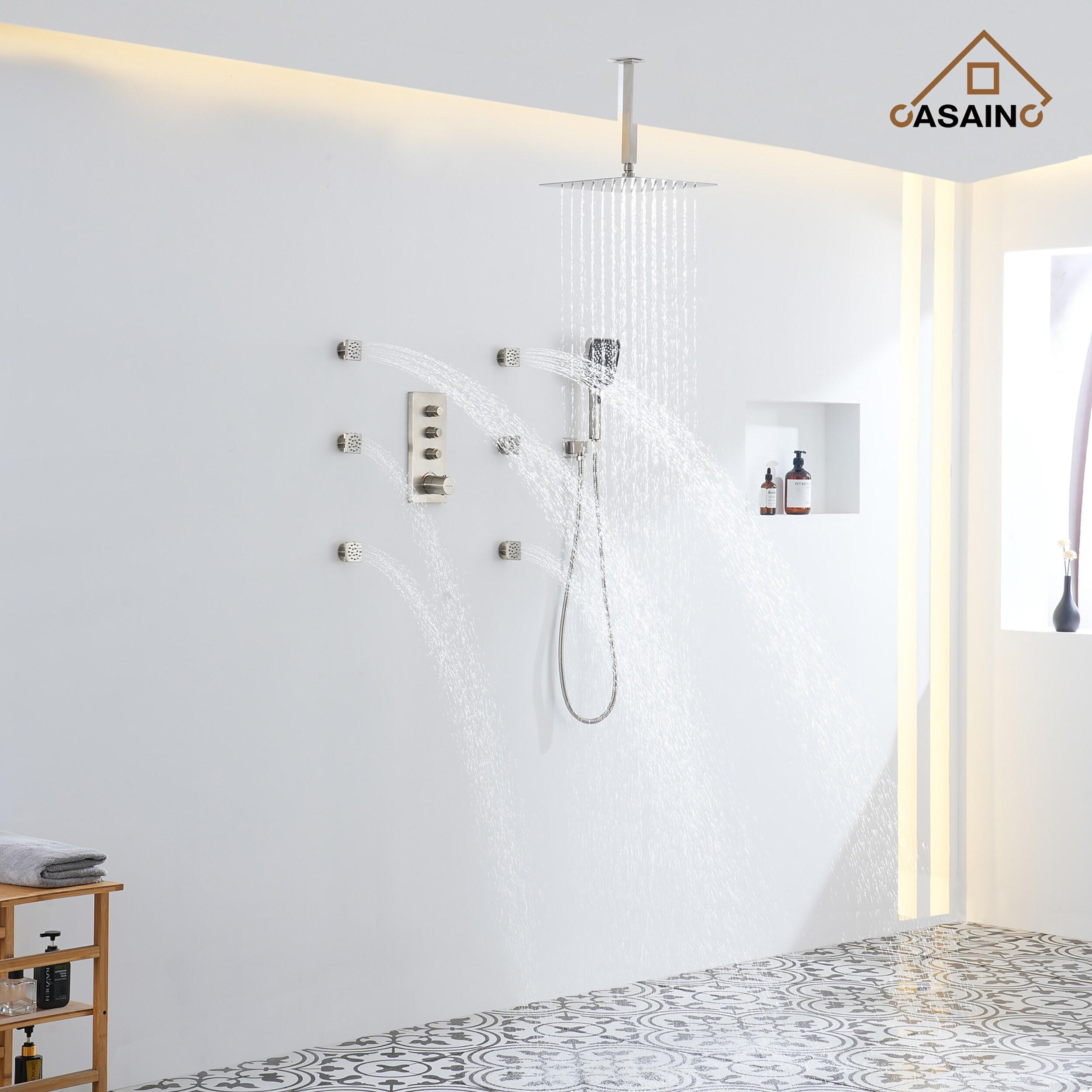 CASAINC 12'' Ceiling Mounted Square Shower System with Handheld Sprayer & 6 Body Jets, Brushed Nickel