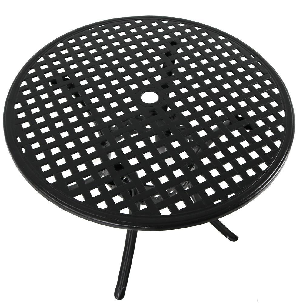 Sunnydaze Round Lattice Design Cast Aluminum Outdoor Patio Table with Umbrella Hole, Black