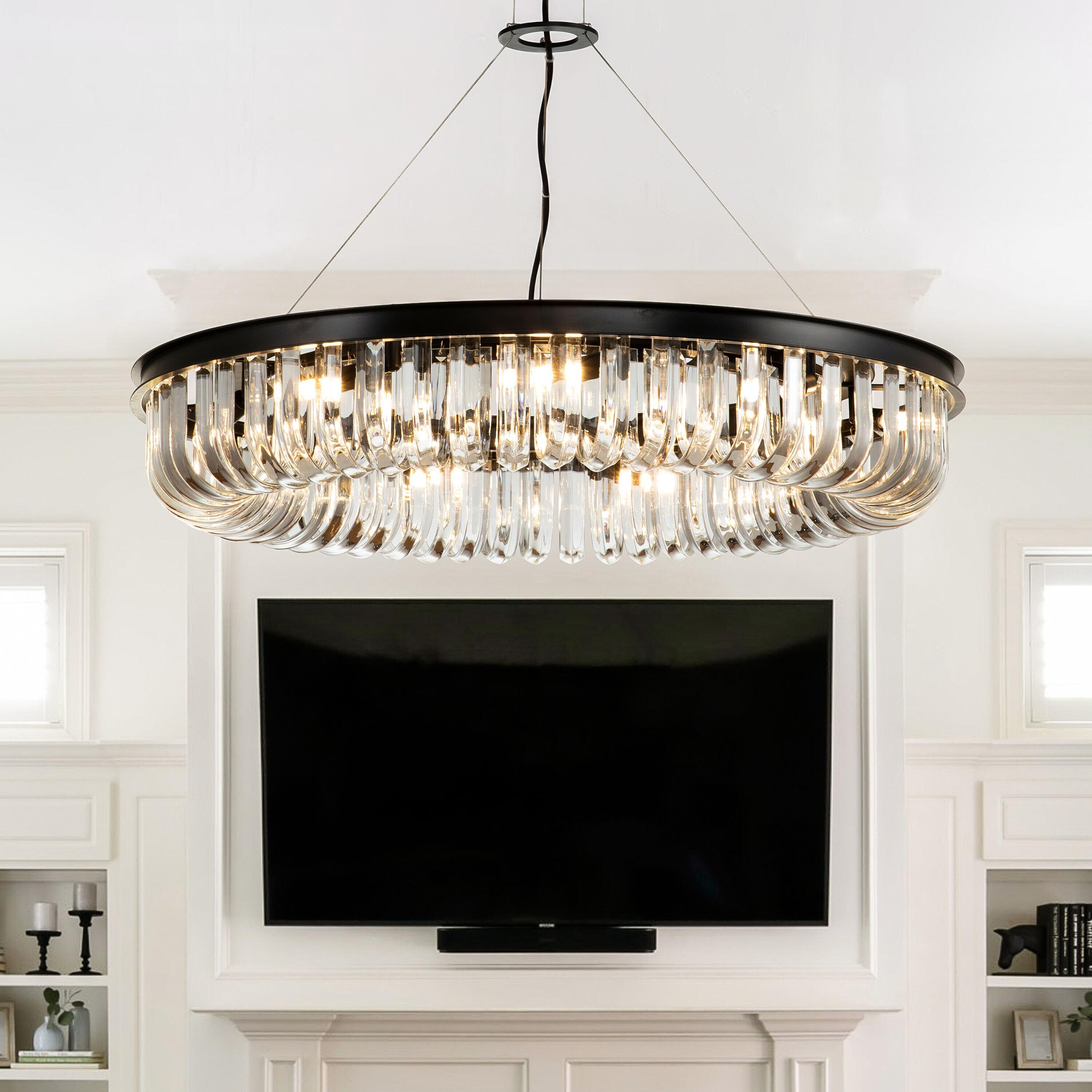 AloaDecor 8-Lights Modern Cylinder 25"  Wagon Wheel Matte Black Chandelier With Glass Accents - W:25.6"