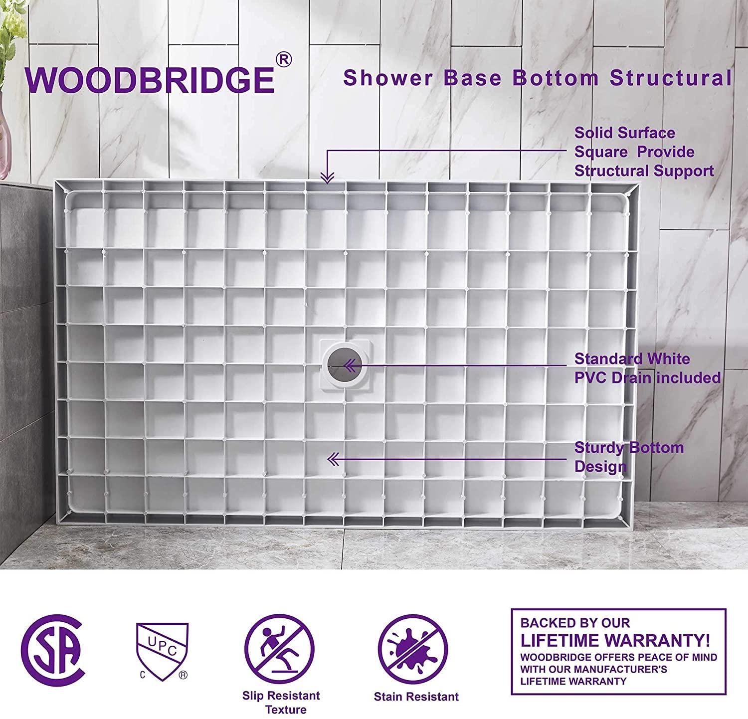 48" W x 36" Solid Surface Single Threshold Shower Pan Base with Drain Assembly & Drain Cover Included, Non-Slip